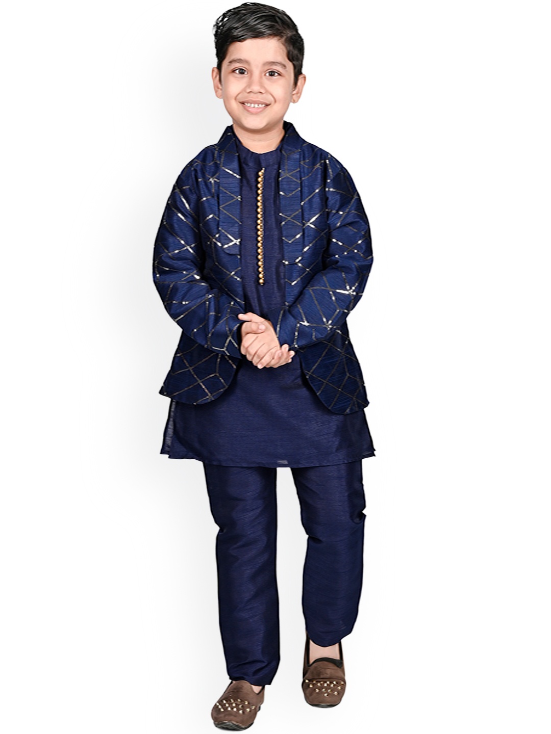 

BAESD Boys Geometric Woven Design Sherwani With Kurta & Pyjama, Navy blue