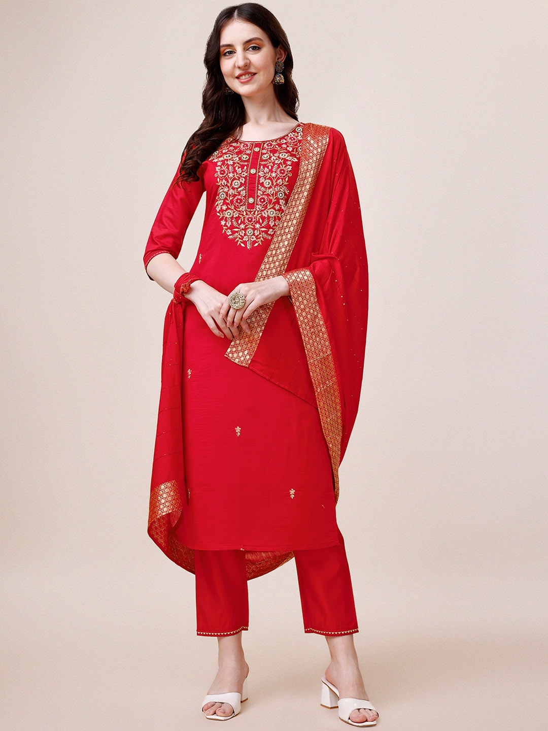 

KALINI Ethnic Motifs Embroidered Chanderi Cotton Kurta with Trousers & Dupatta, Red