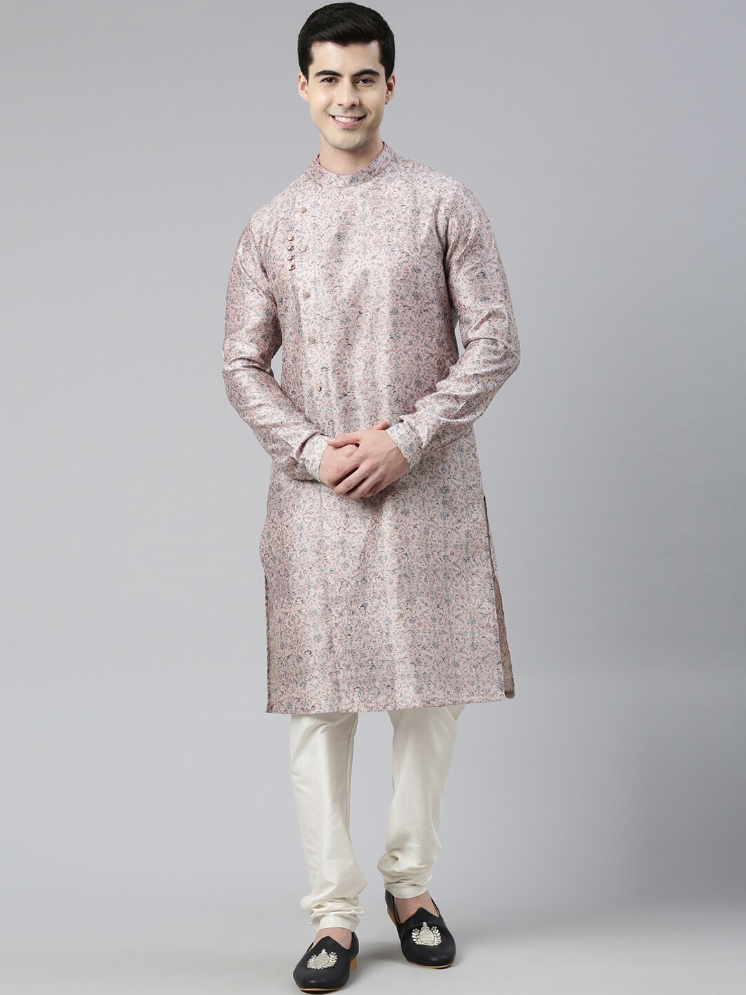 

TheEthnic.Co Floral Printed Mandarin Collar Angrakha Kurta, Pink