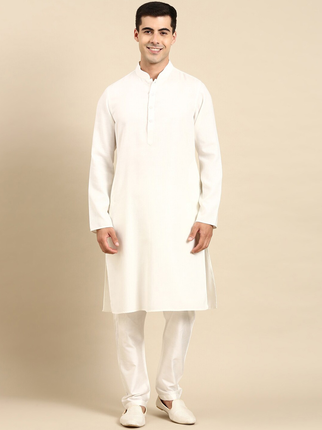 

TheEthnic.Co Mandarin Collar Twill Weave Cotton Regular Kurta, White
