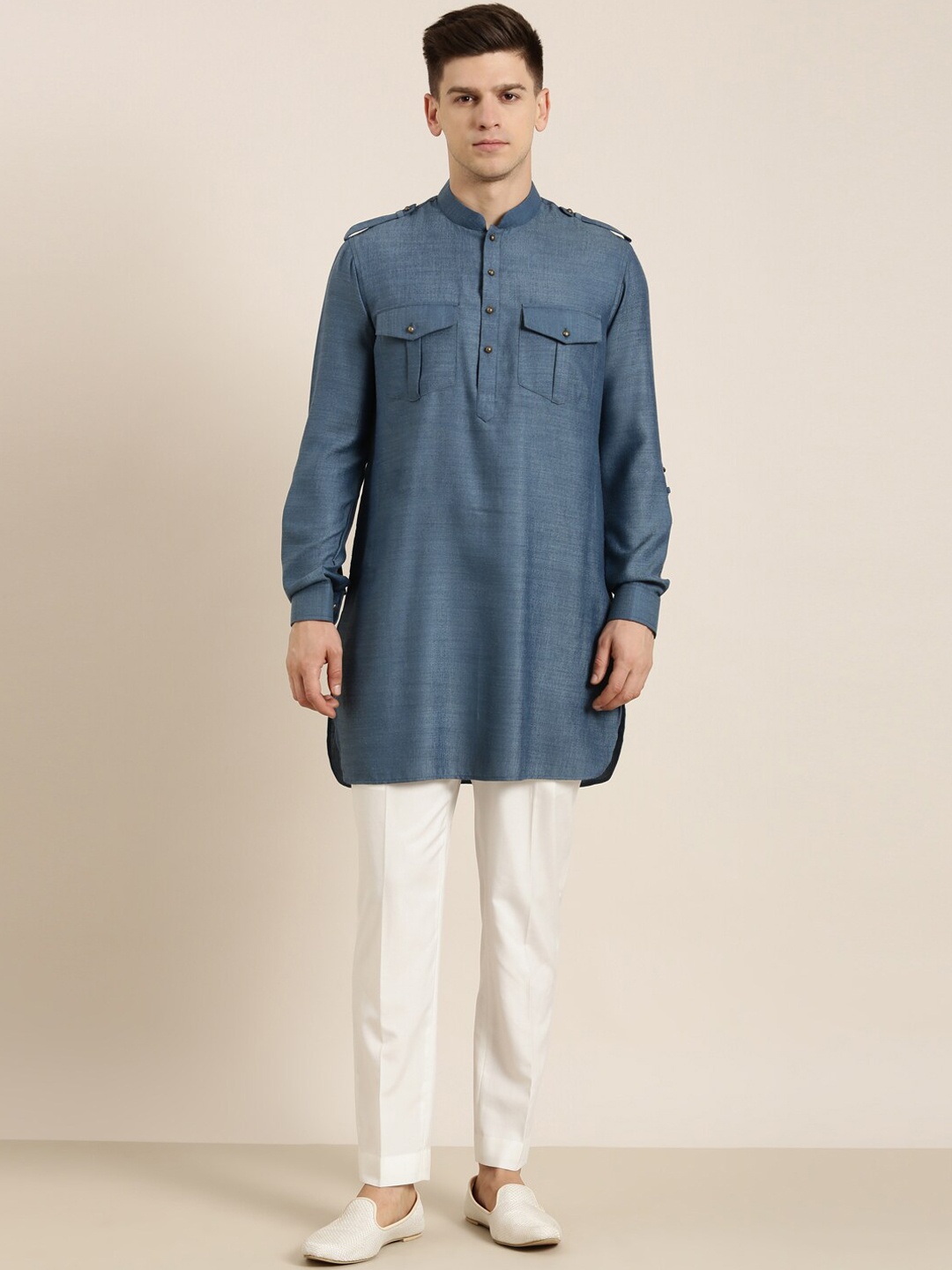 

TheEthnic.Co Mandarin Collar Cotton Pathani Kurta, Blue