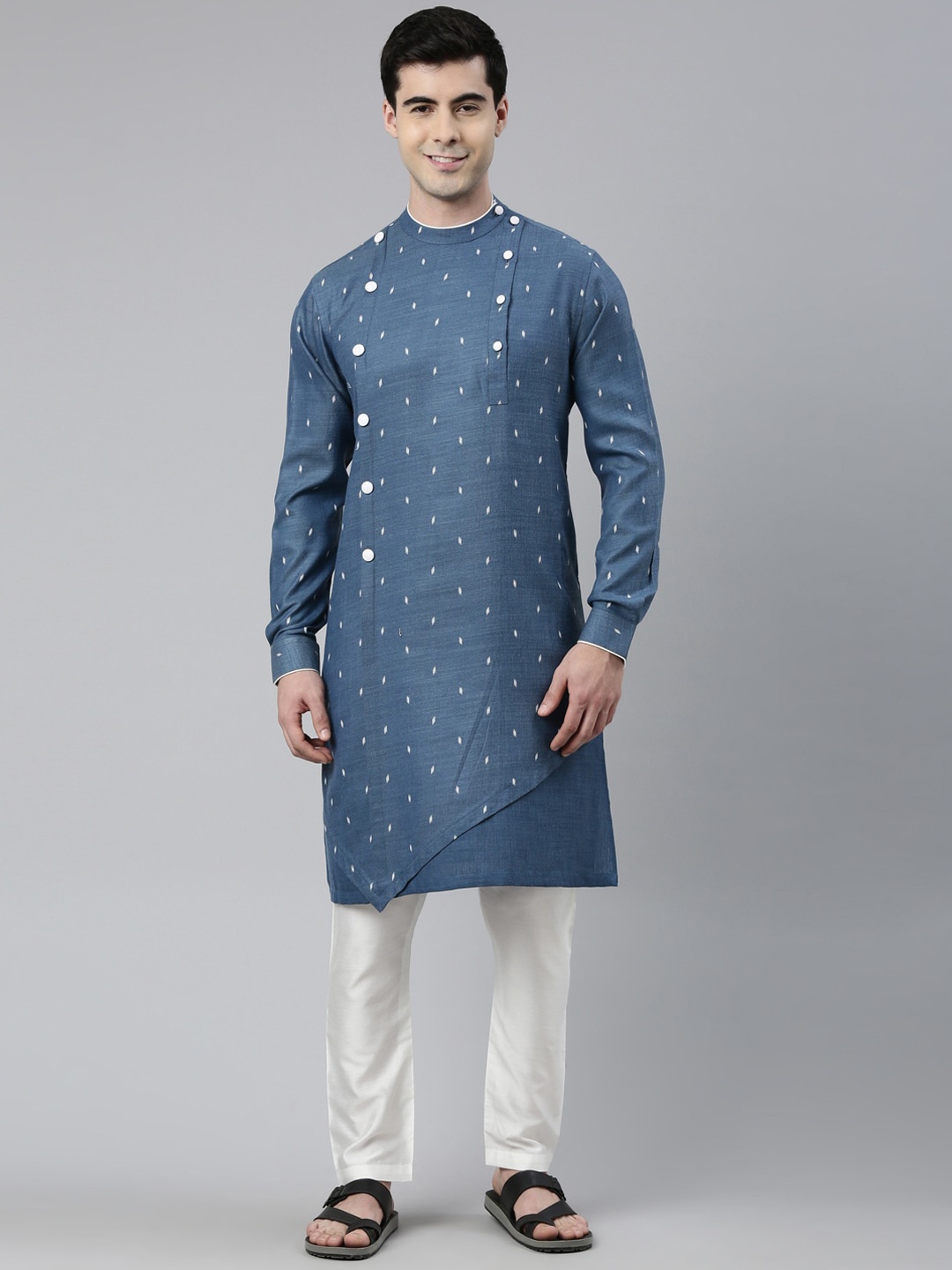 

TheEthnic.Co Geometric Woven Design Band Collar Pure Cotton Asymmetric Angrakha Kurta, Blue