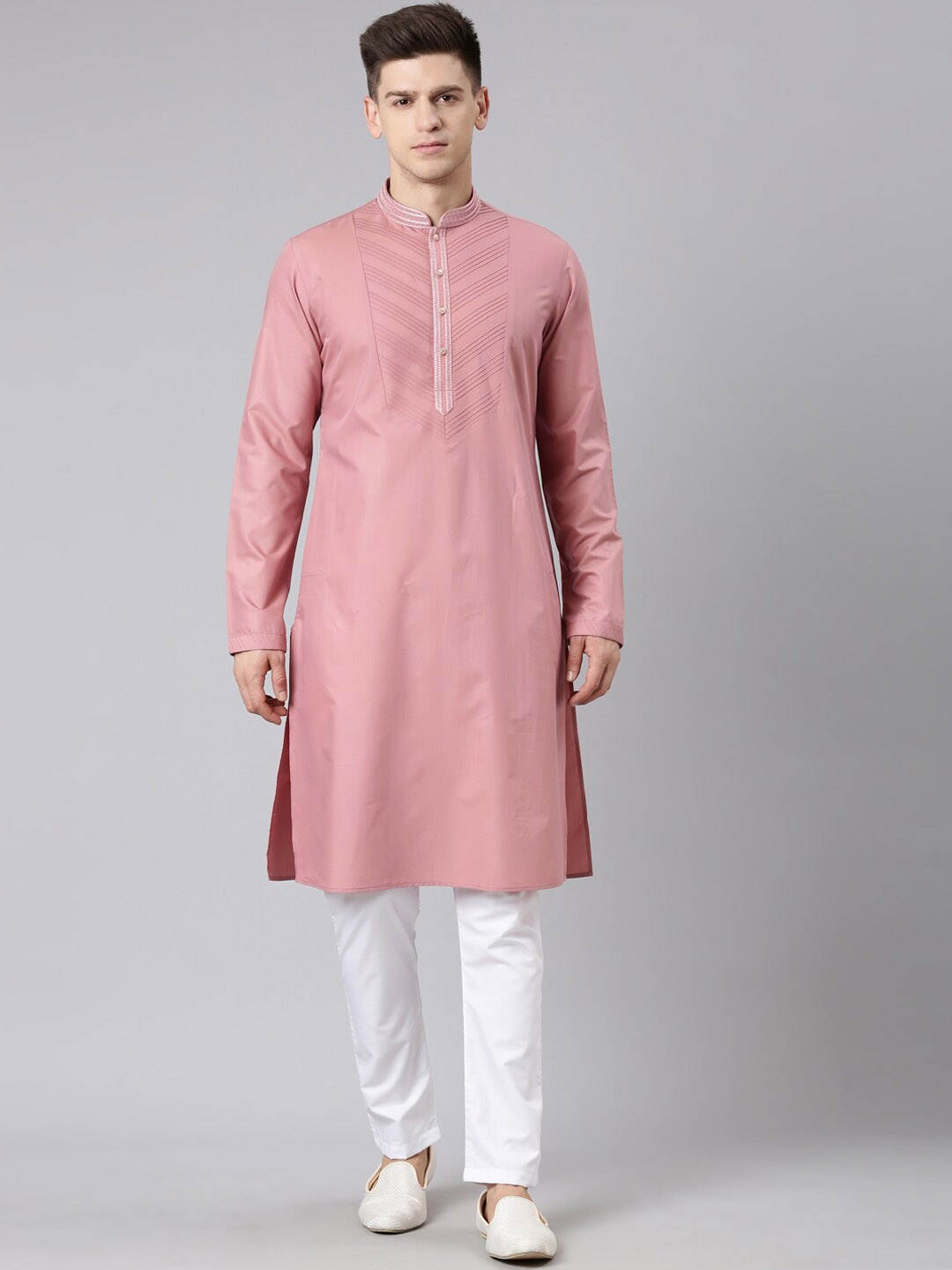 

TheEthnic.Co Yoke Design Mandarin Collar Cotton Straight Kurta, Rose