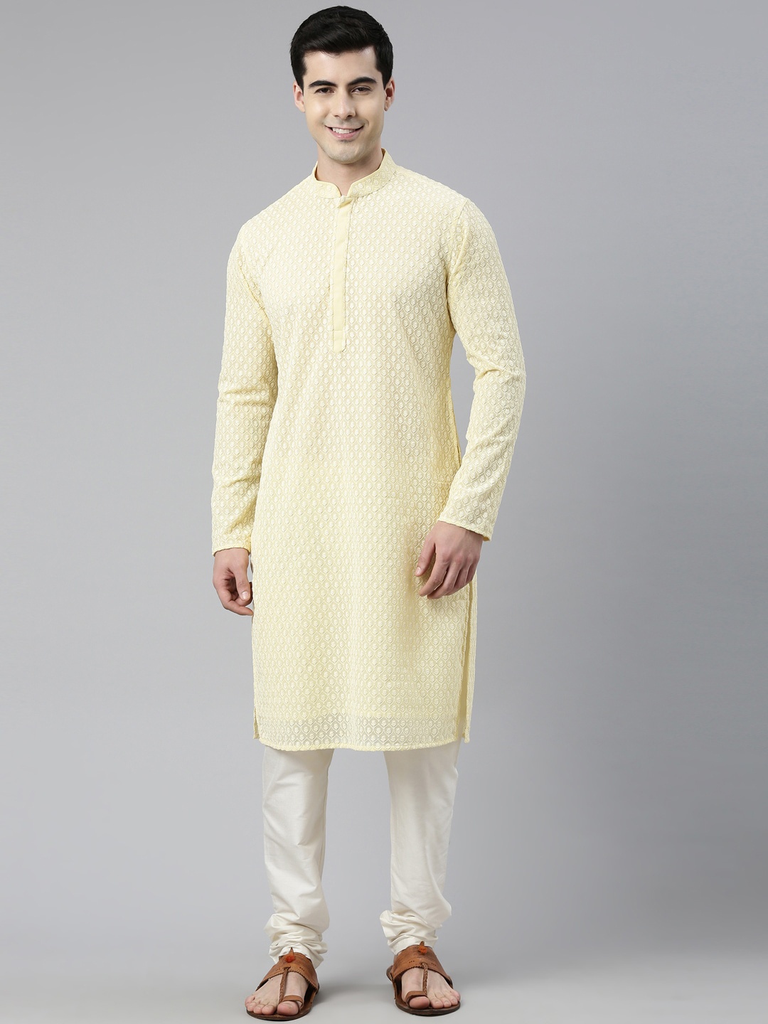 

TheEthnic.Co Ethnic Motifs Embroidered Mandarin Collar Georgette Straight Kurta, Yellow