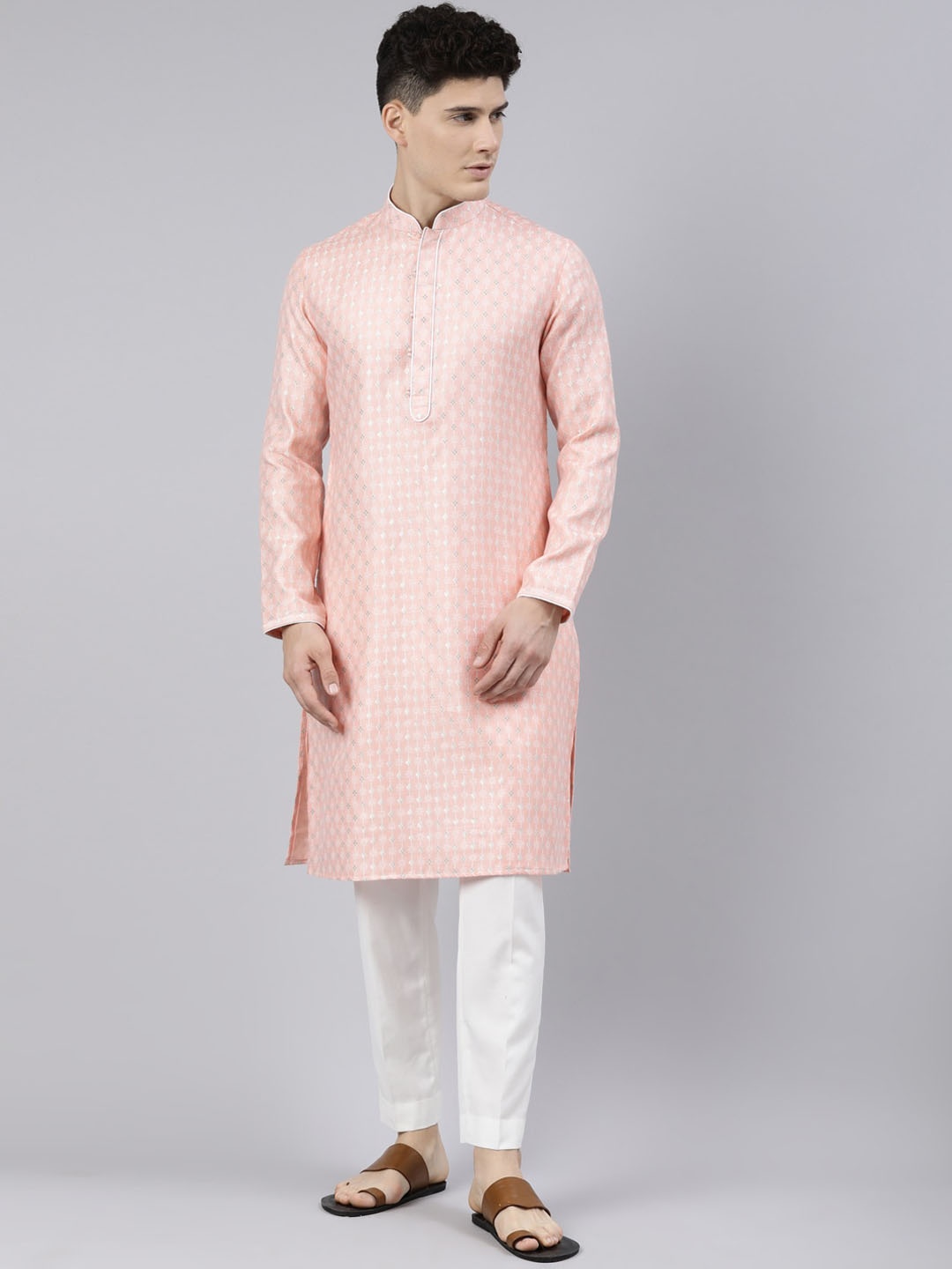 

TheEthnic.Co Woven Design Mandarin Collar Chanderi Cotton Straight Kurta, Peach
