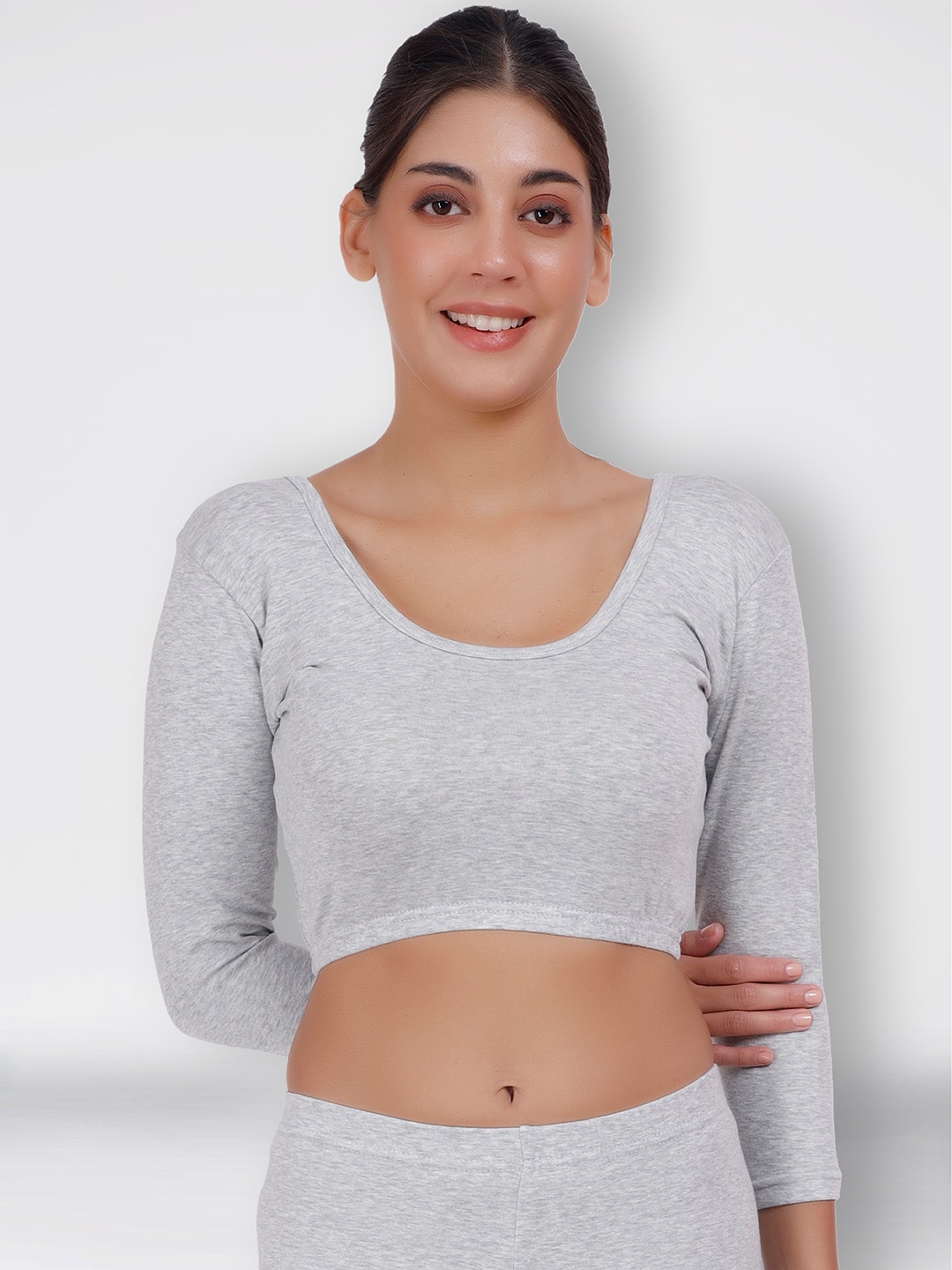 

SELFCARE Round Neck Cropped Thermal Top, Grey melange