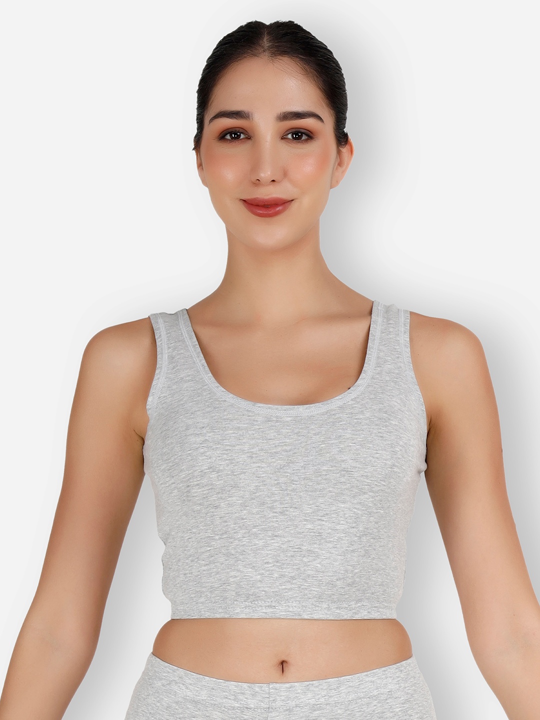 

SELFCARE Round Neck Sleeveless Cropped Thermal Top, Grey melange