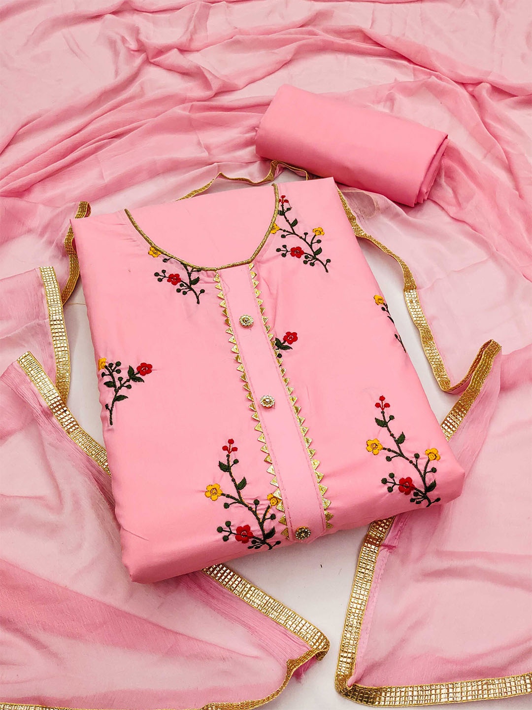 

KALINI Floral Embroidered Unstitched Dress Material, Pink