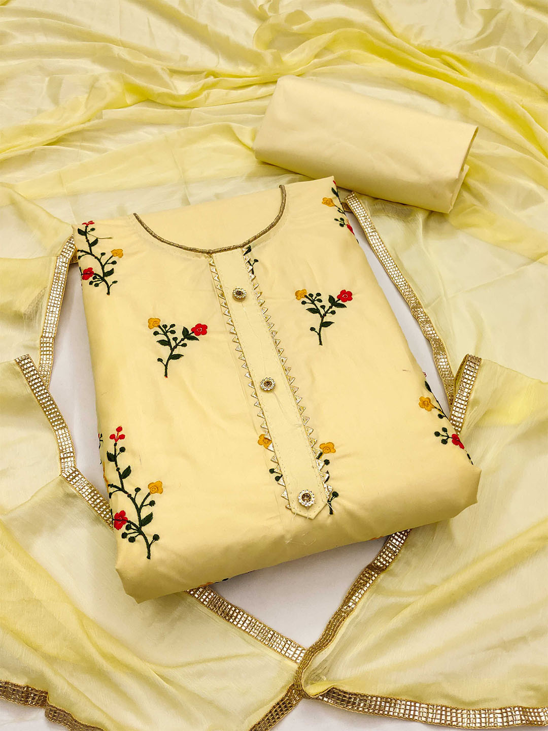 

KALINI Floral Embroidered Unstitched Dress Material, Yellow