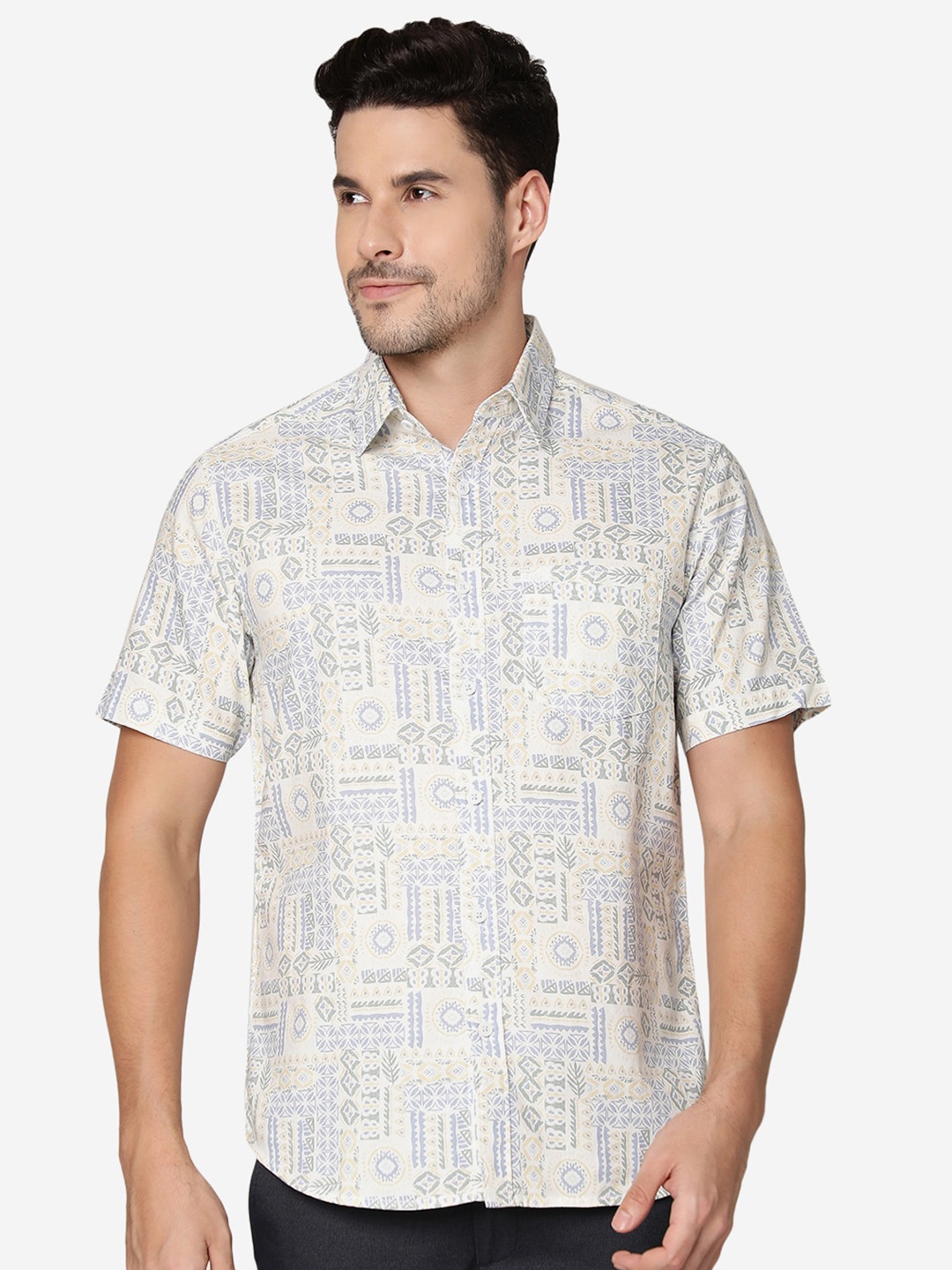 

Greenfibre Geometric Printed Slim Fit Pure Cotton Casual Shirt, White