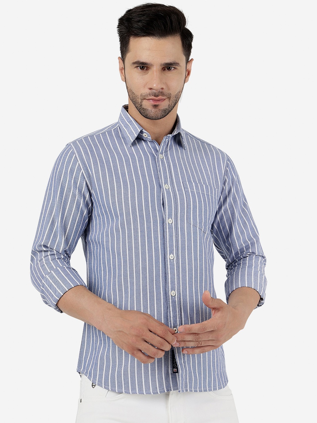 

Greenfibre Slim Fit Vertical Striped Pure Cotton Casual Shirt, Blue