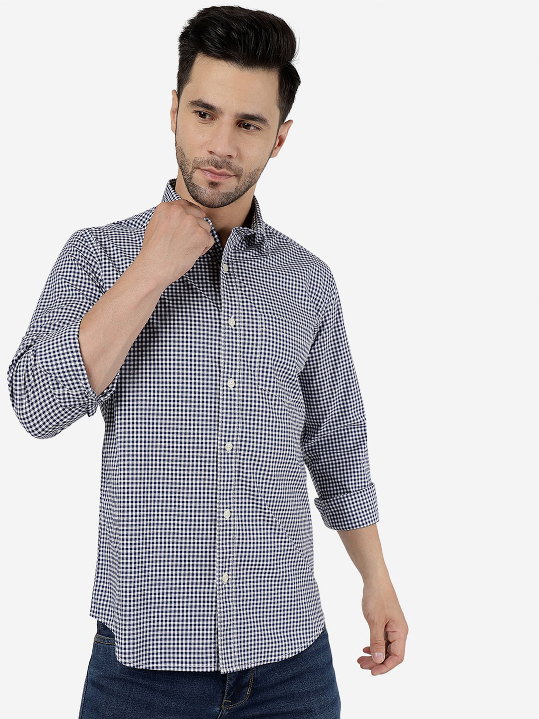 

Greenfibre Micro Checked Spread Collar Pure Cotton Casual Shirt, Navy blue