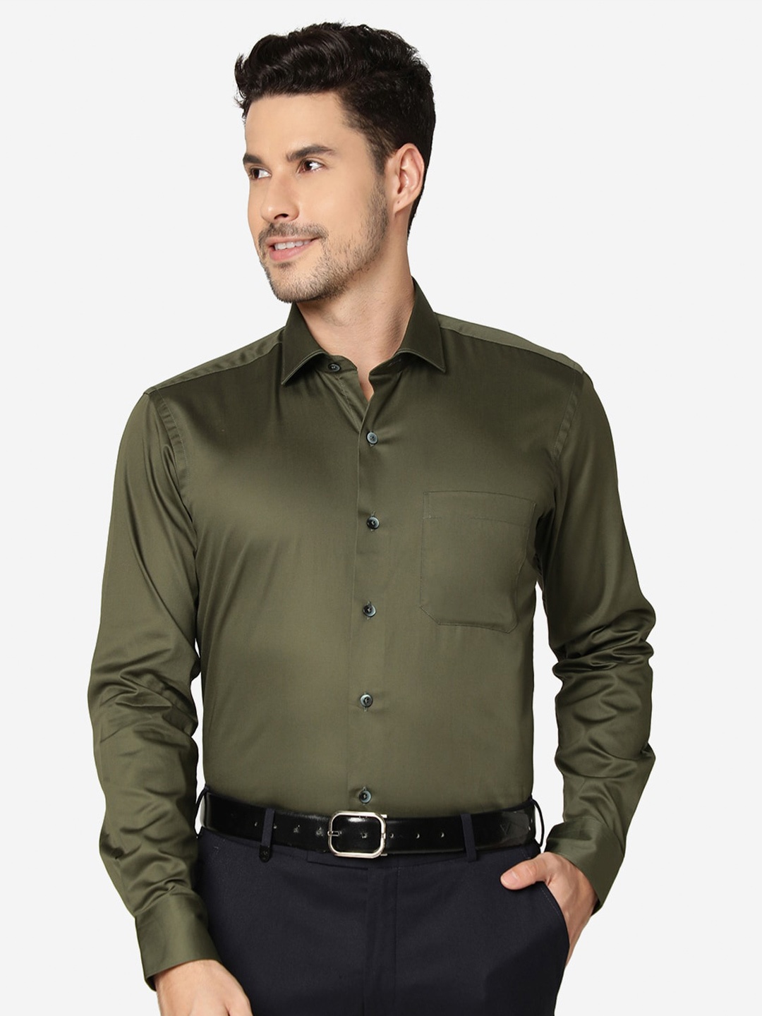 

METAL Slim Fit Opaque Pure Cotton Formal Shirt, Green