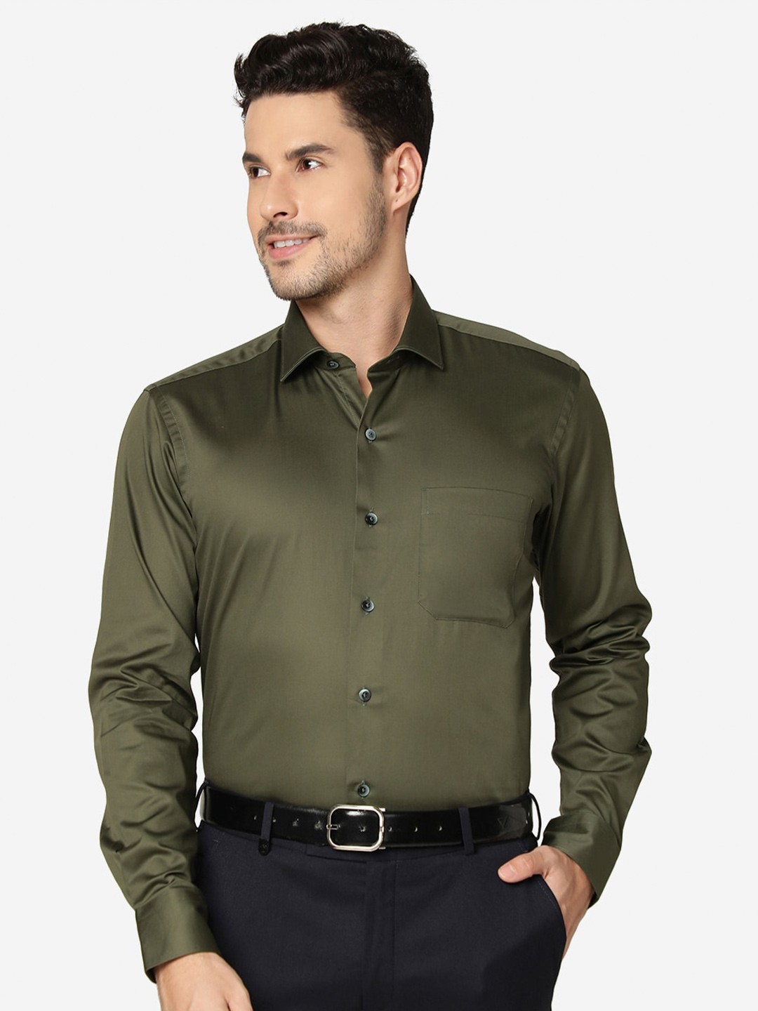 

METAL Slim Fit Opaque Pure Cotton Formal Shirt, Green