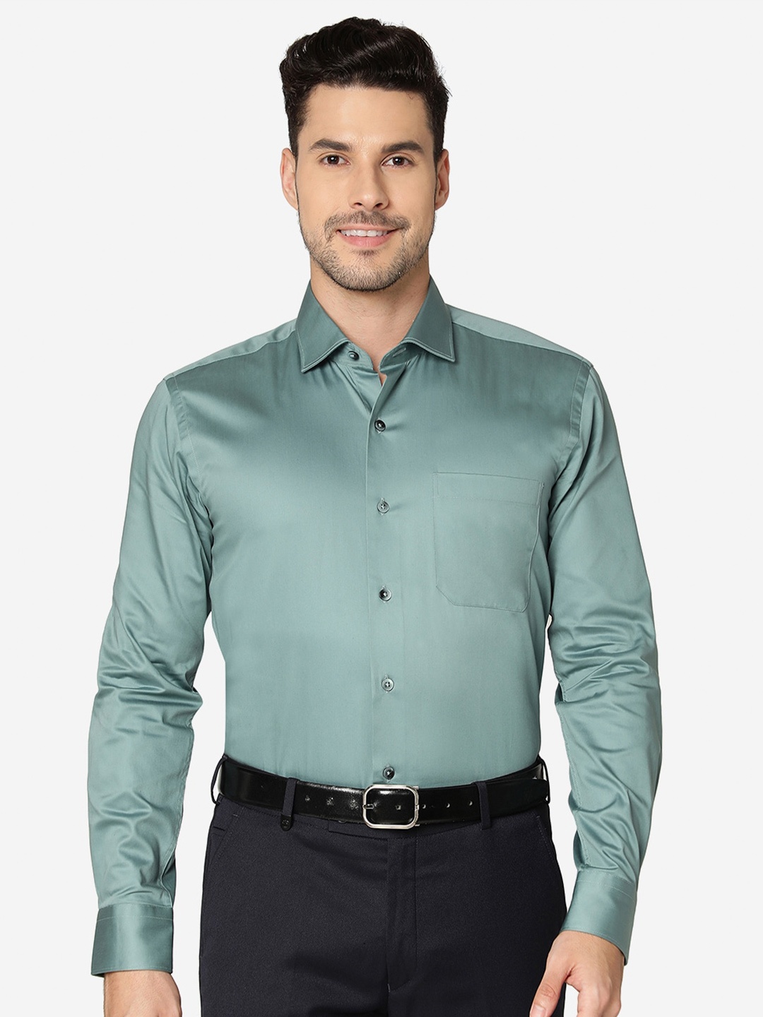 

METAL Slim Fit Opaque Pure Cotton Formal Shirt, Green