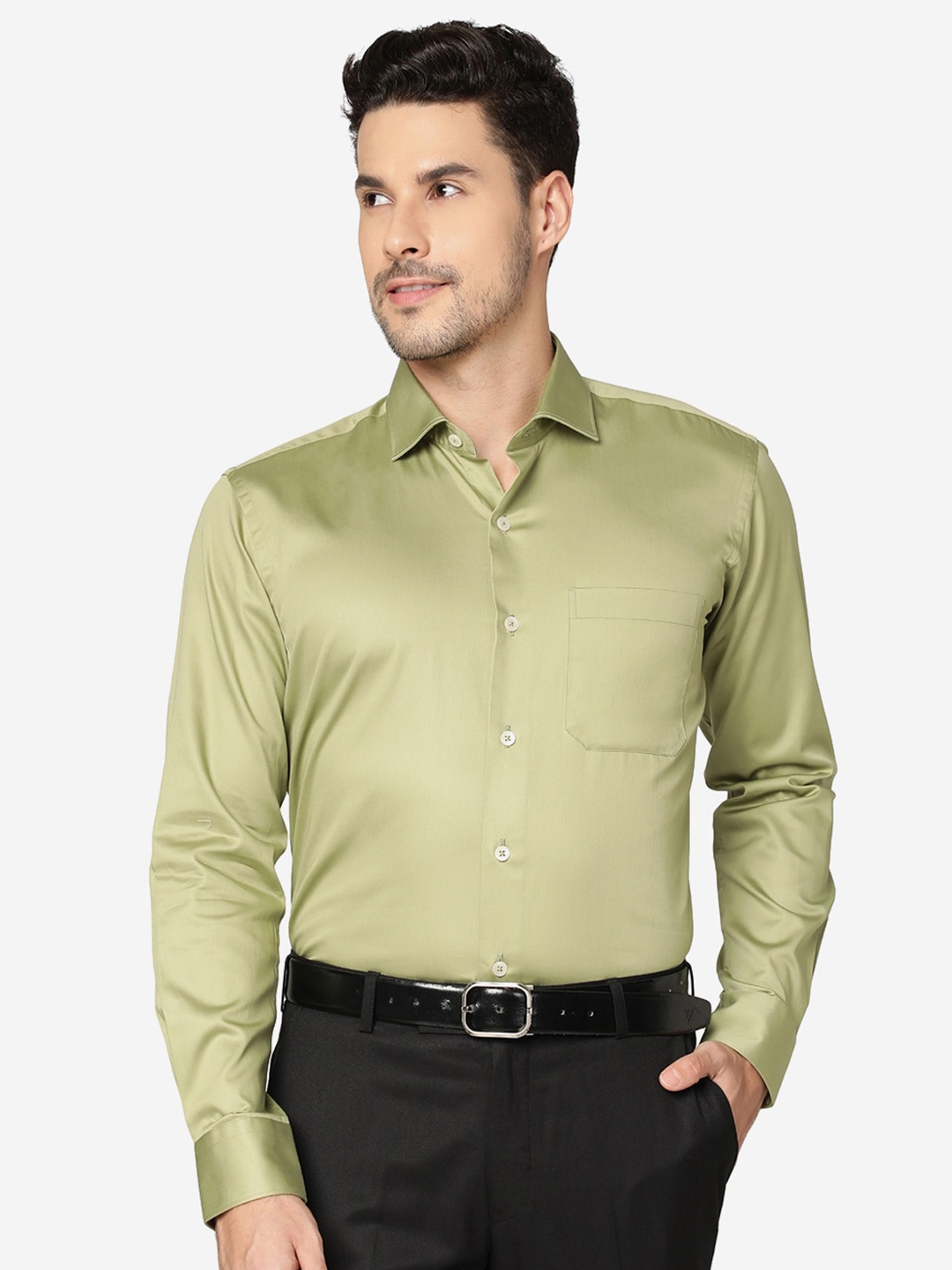 

METAL Slim Fit Opaque Pure Cotton Formal Shirt, Green