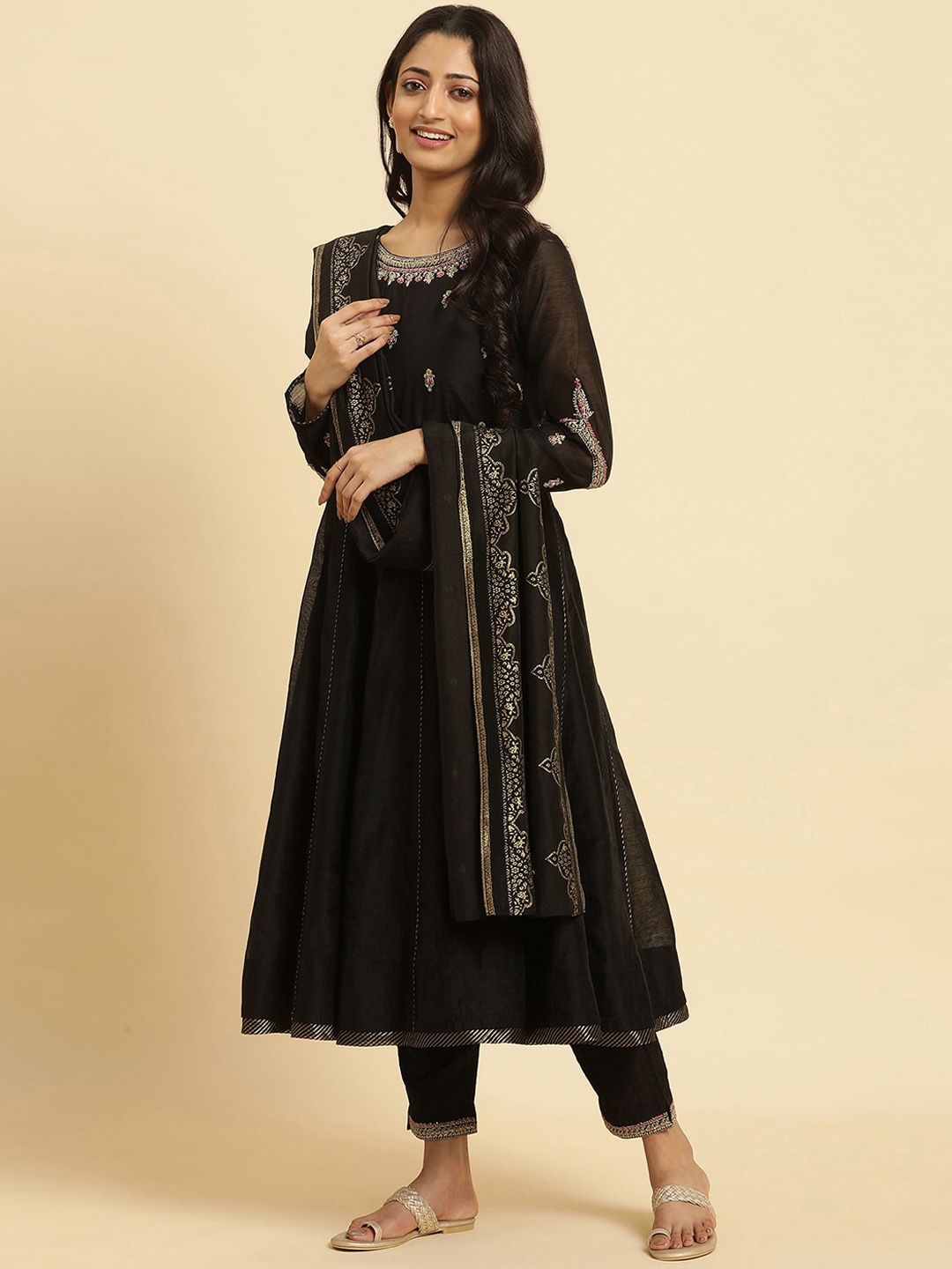 

W Black Ethnic Motifs Embroidered Regular Sequinned Kurta with Trousers & With Dupatta