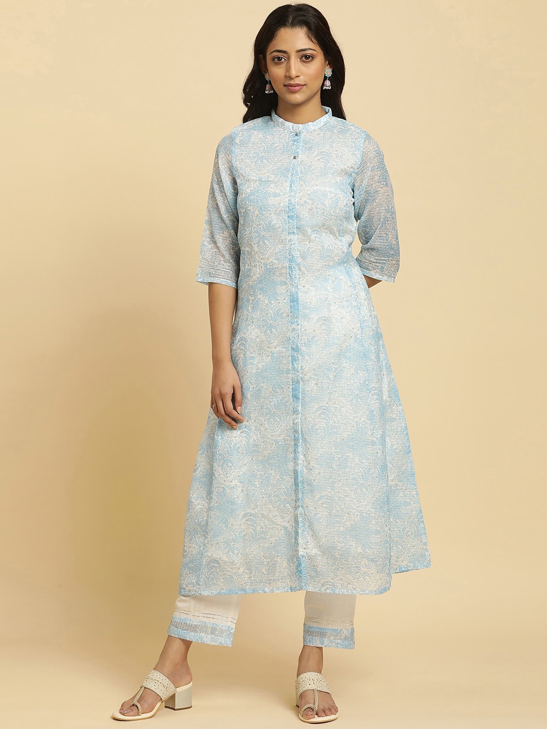 

W Blue Ethnic Motifs Printed Mandarin Collar A-Line Kurta with Trousers