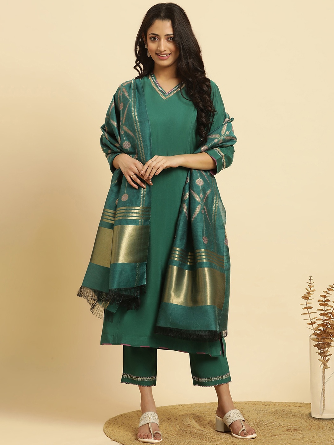 

W Green V-Neck Thread Work Kurta with Trousers & Dupatta