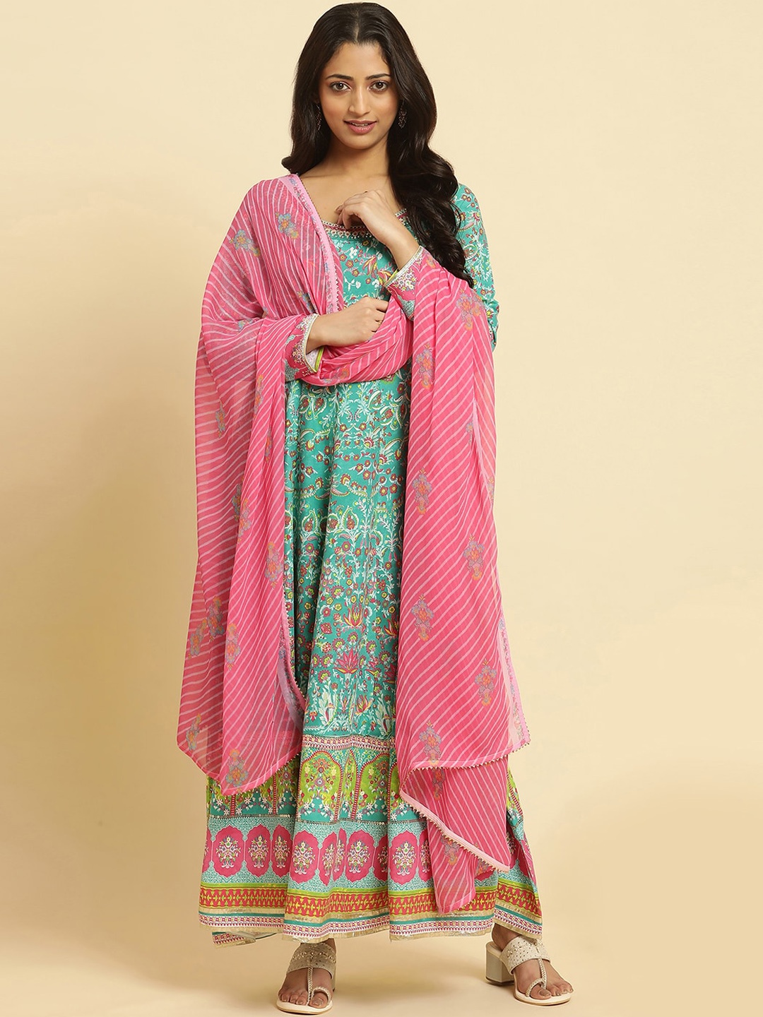 

W Green Floral Printed Anarkali Thread Work Kurta With Leggings And Dupatta