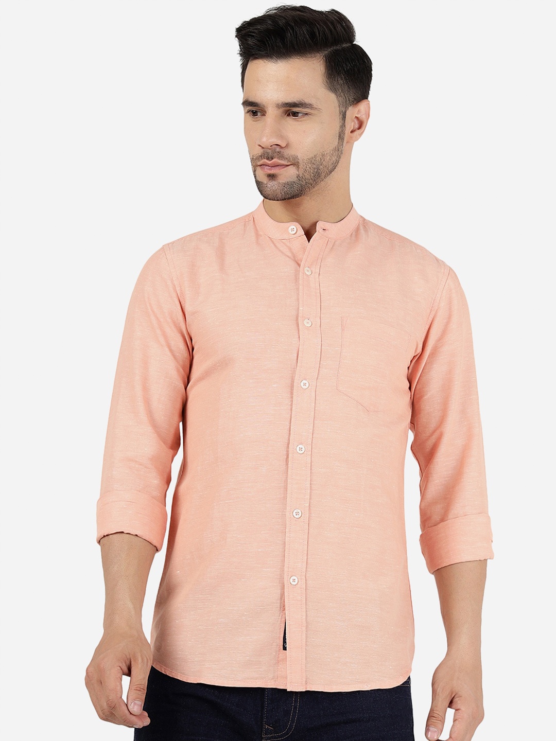 

JADE BLUE Slim Fit Band Collar Pure Cotton Casual Shirt, Peach