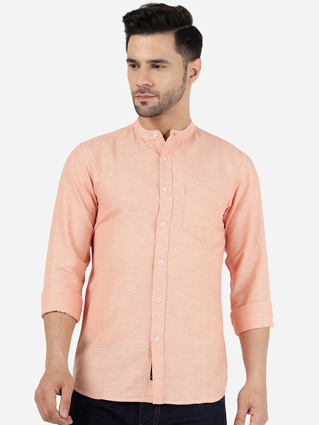 

JADE BLUE Slim Fit Band Collar Pure Cotton Casual Shirt, Peach