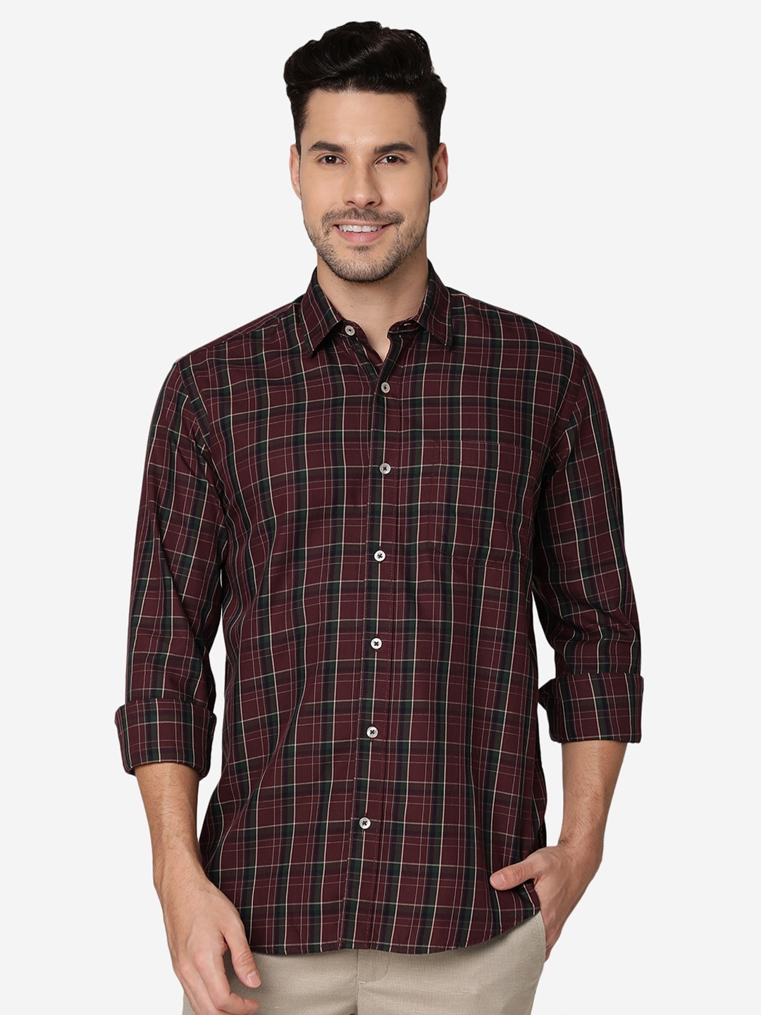 

JADE BLUE Tartan Checked Slim Fit Pure Cotton Casual Shirt, Maroon