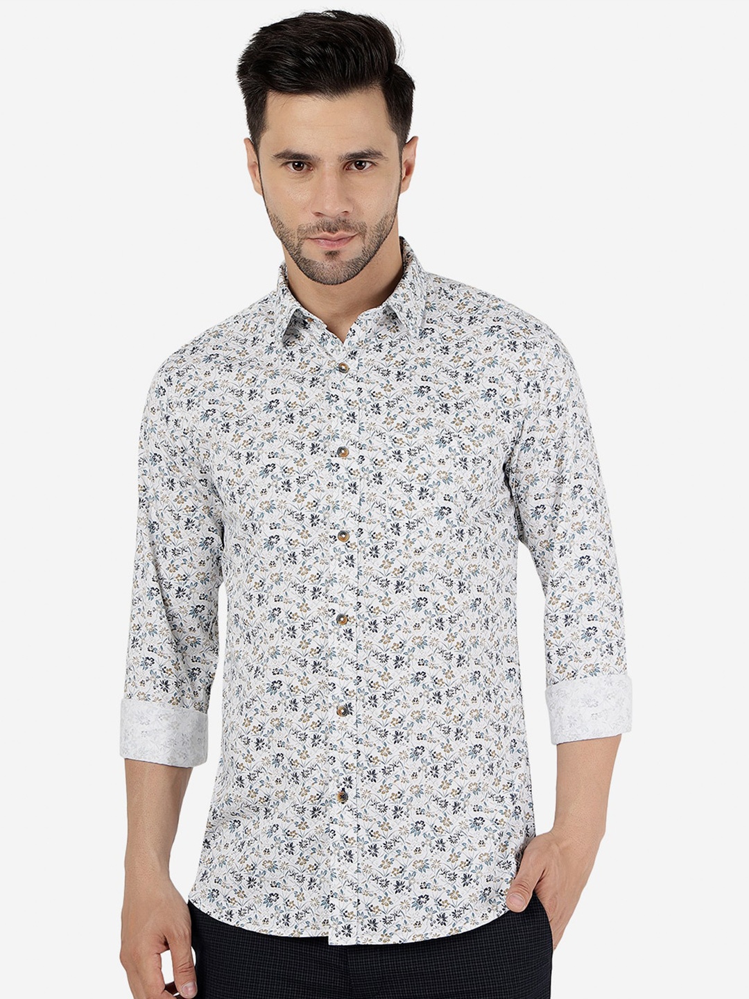 

JADE BLUE Floral Printed Slim Fit Pure Cotton Casual Shirt, White