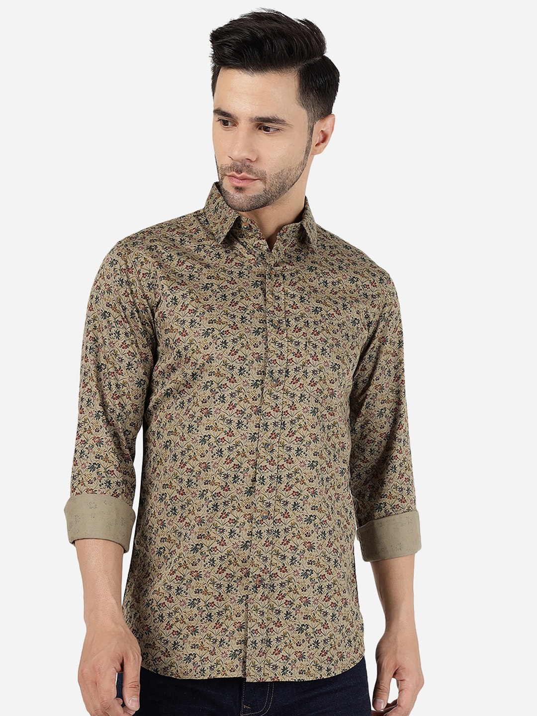

JADE BLUE Slim Fit Floral Printed Pure Cotton Casual Shirt, Green
