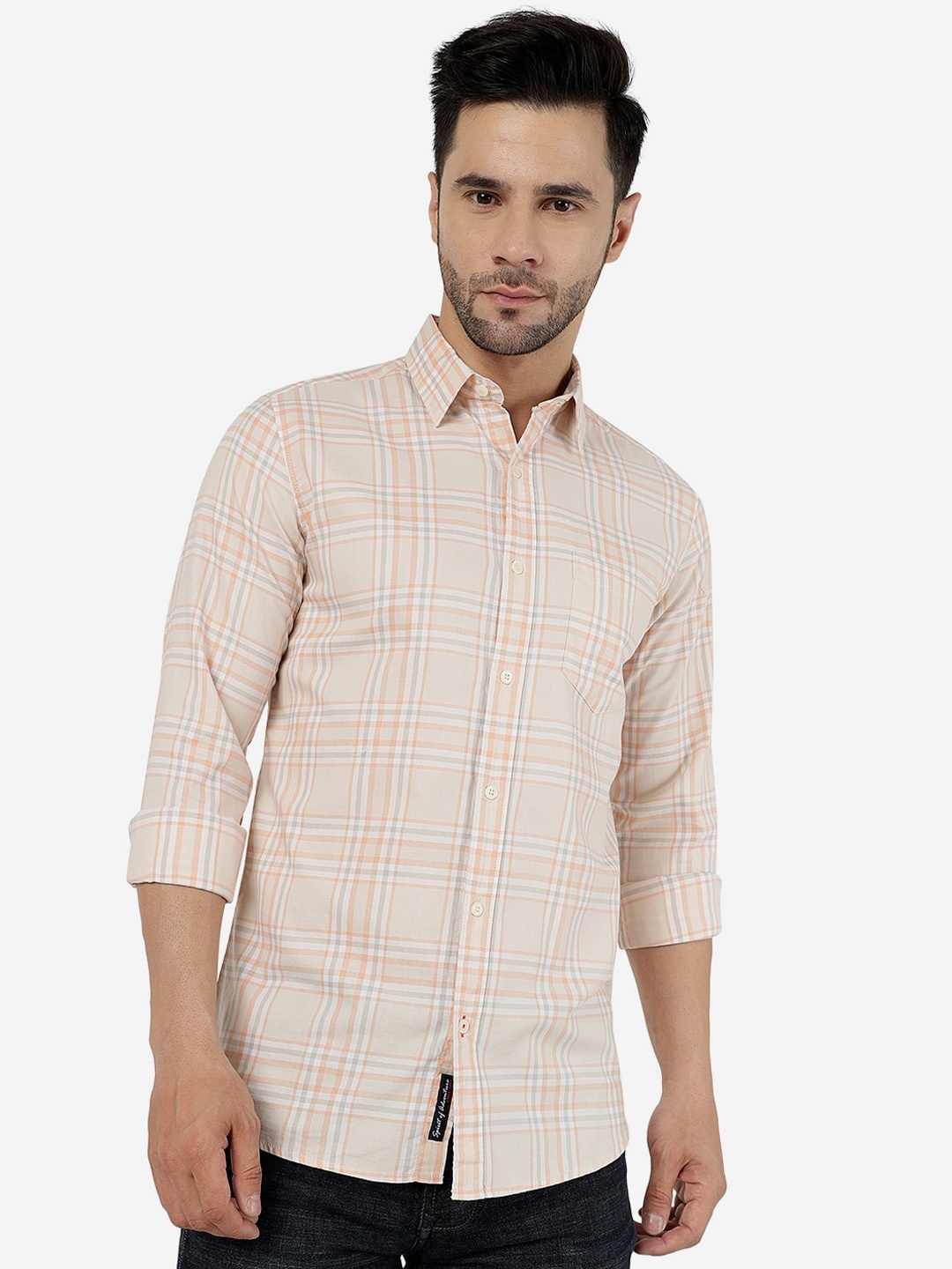 

JADE BLUE Slim Fit Tartan Checked Cotton Casual Shirt, Peach