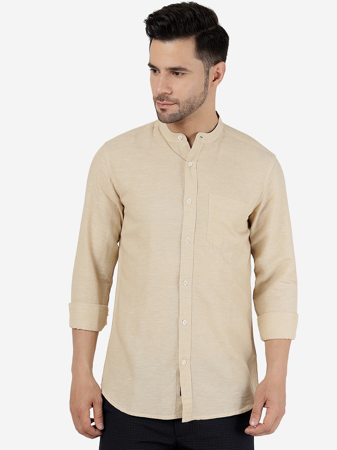 

JADE BLUE Slim Fit Band Collar Opaque Pure Cotton Casual Shirt, Camel brown