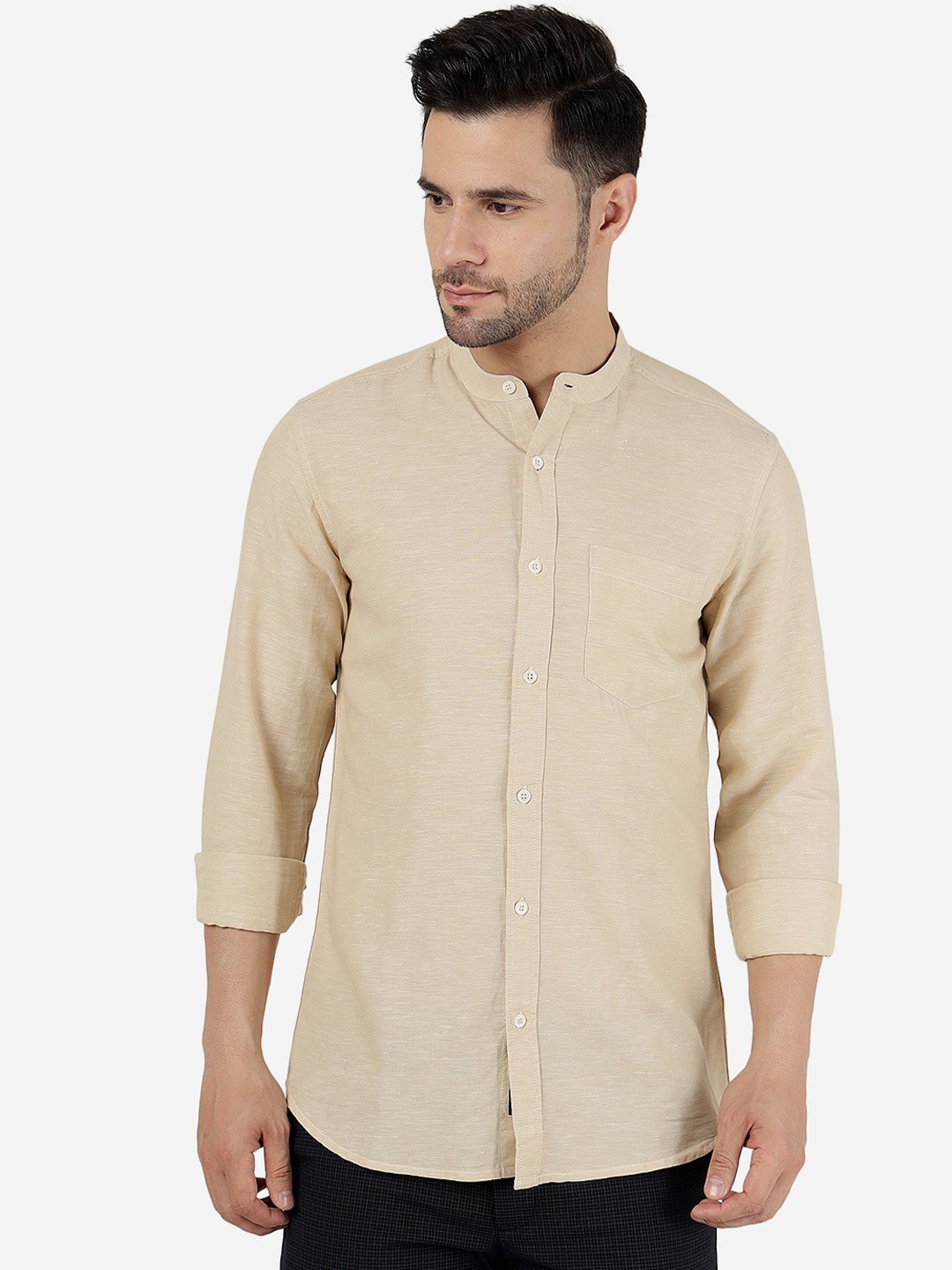 

JADE BLUE Slim Fit Band Collar Opaque Pure Cotton Casual Shirt, Camel brown