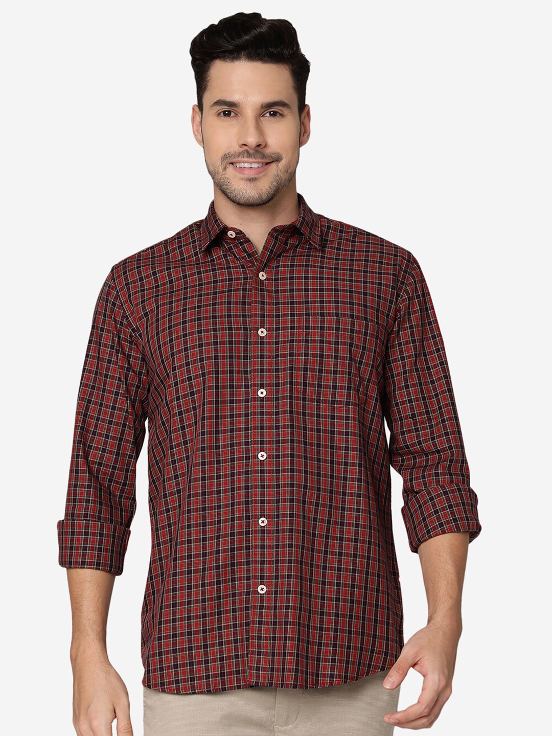 

JADE BLUE Slim Fit Opaque Tartan Checked Pure Cotton Casual Shirt, Red