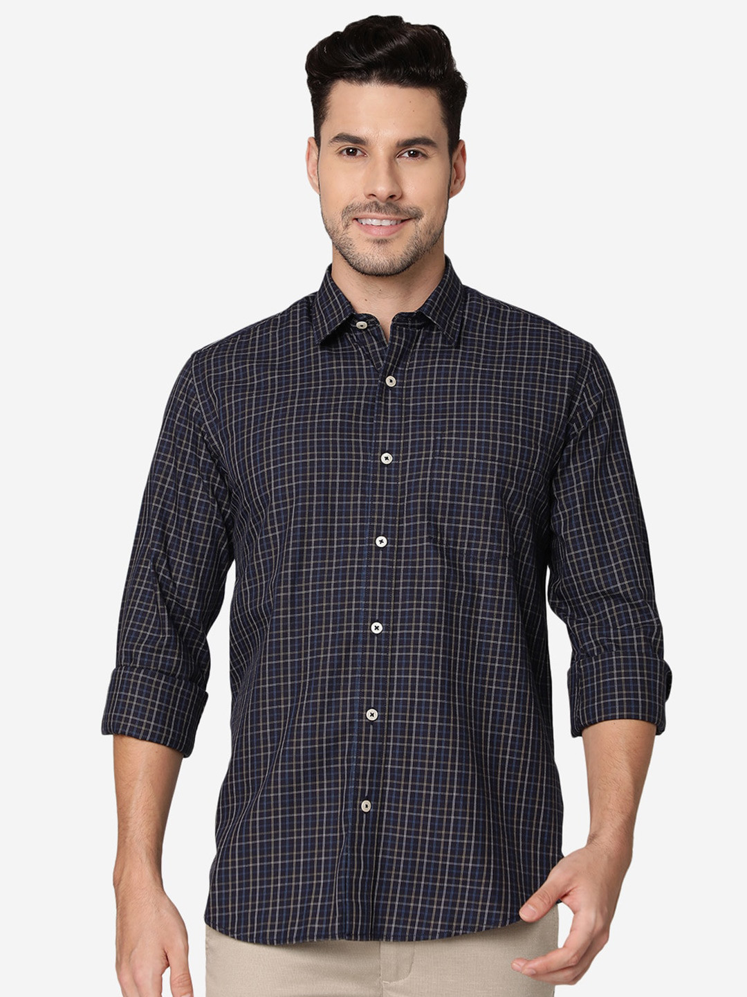 

JADE BLUE Slim Fit Opaque Tartan Checked Pure Cotton Casual Shirt, Navy blue