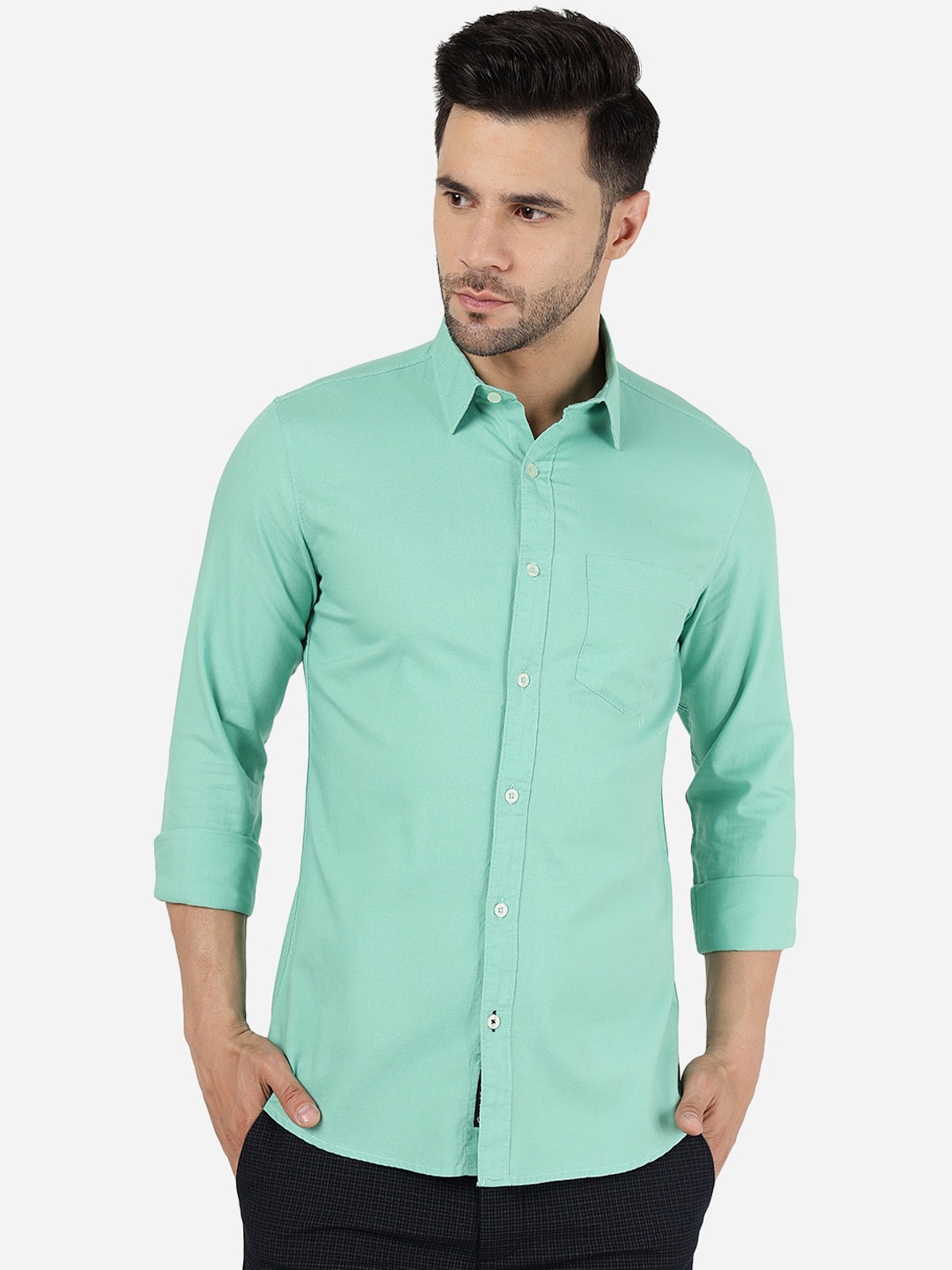 

JADE BLUE Slim Fit Spread Collar Cotton Casual Shirt, Green