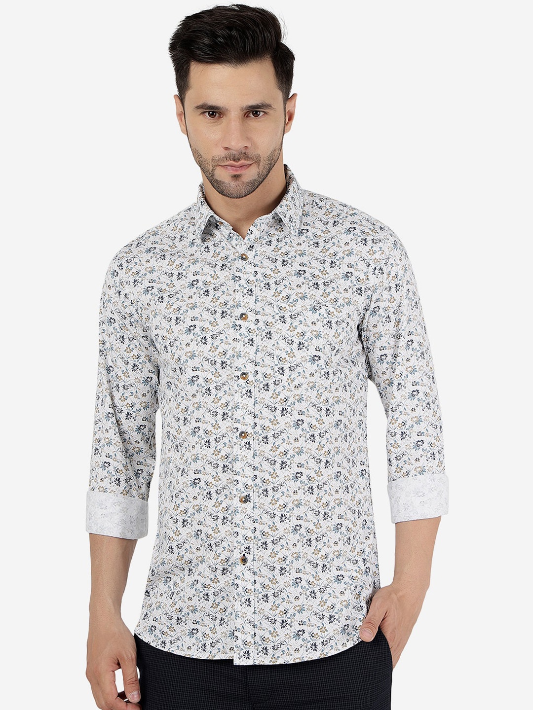 

JADE BLUE Slim Fit Floral Printed Cotton Casual Shirt, White