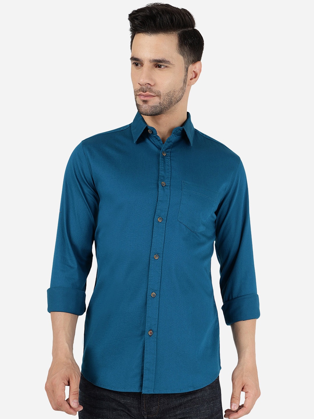 

JADE BLUE Slim Fit Spread Collar Cotton Casual Shirt