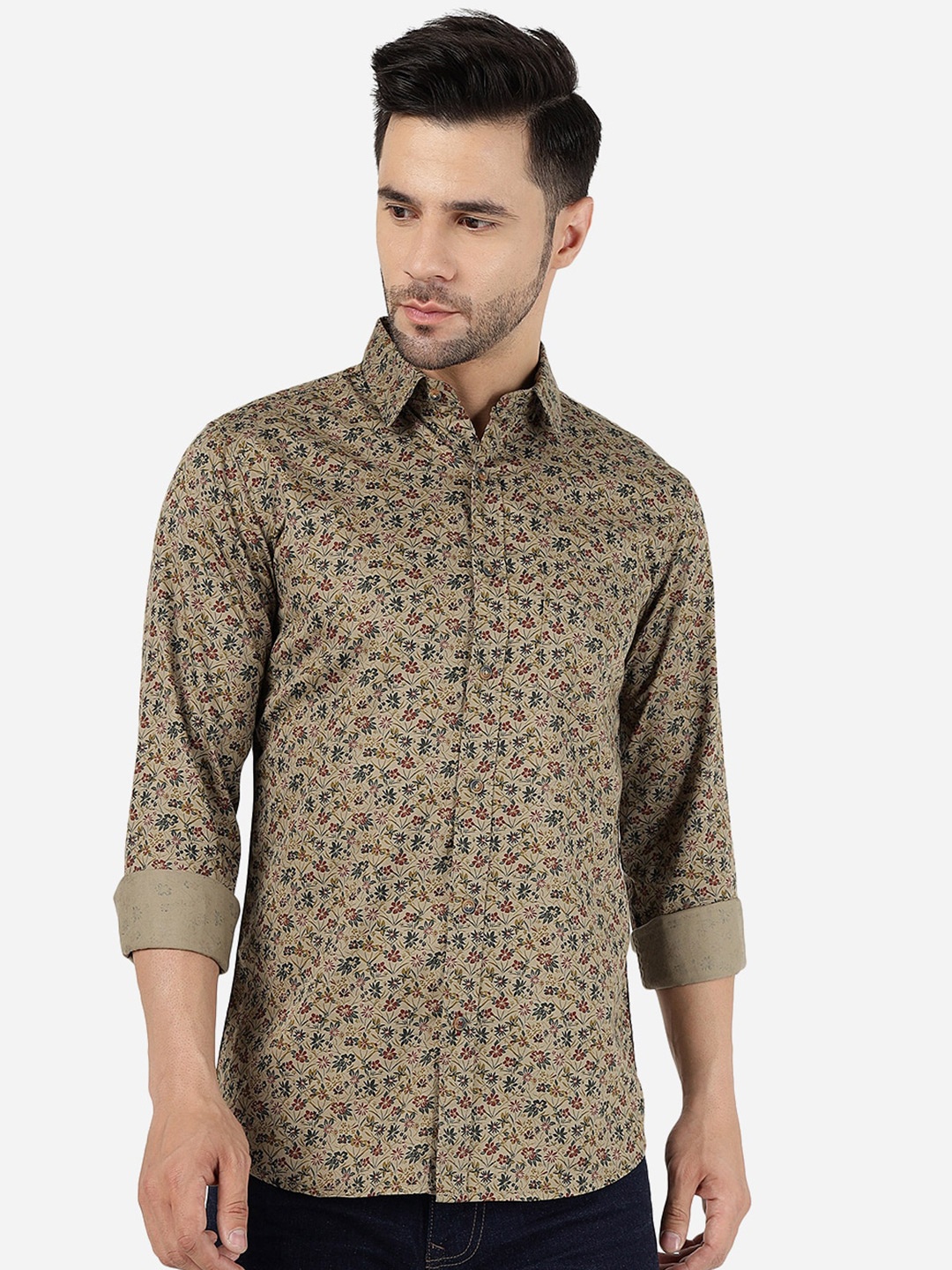 

JADE BLUE Slim Fit Floral Printed Cotton Casual Shirt, Green