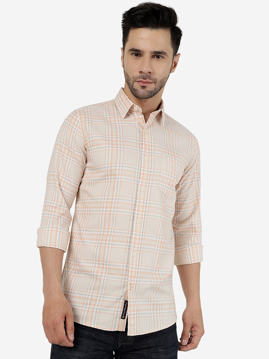 

JADE BLUE Slim Fit Checked Cotton Casual Shirt, Peach