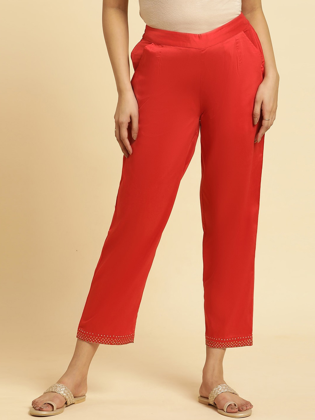 

W Women Mid Rise Straight Fit Plain Parallel Trousers, Red