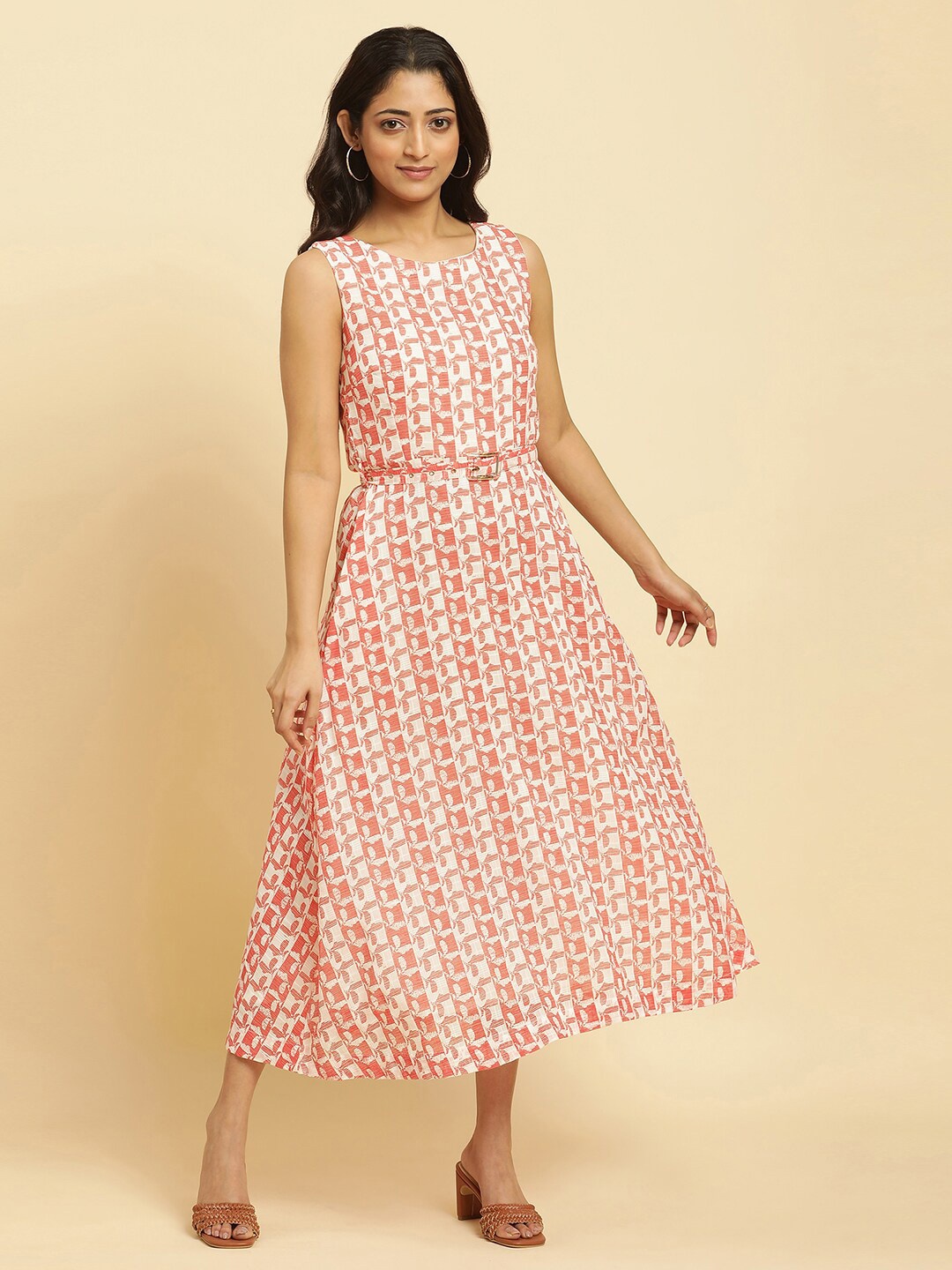 

W Floral Printed Belted Pure Cotton A-Line Midi Dress, White