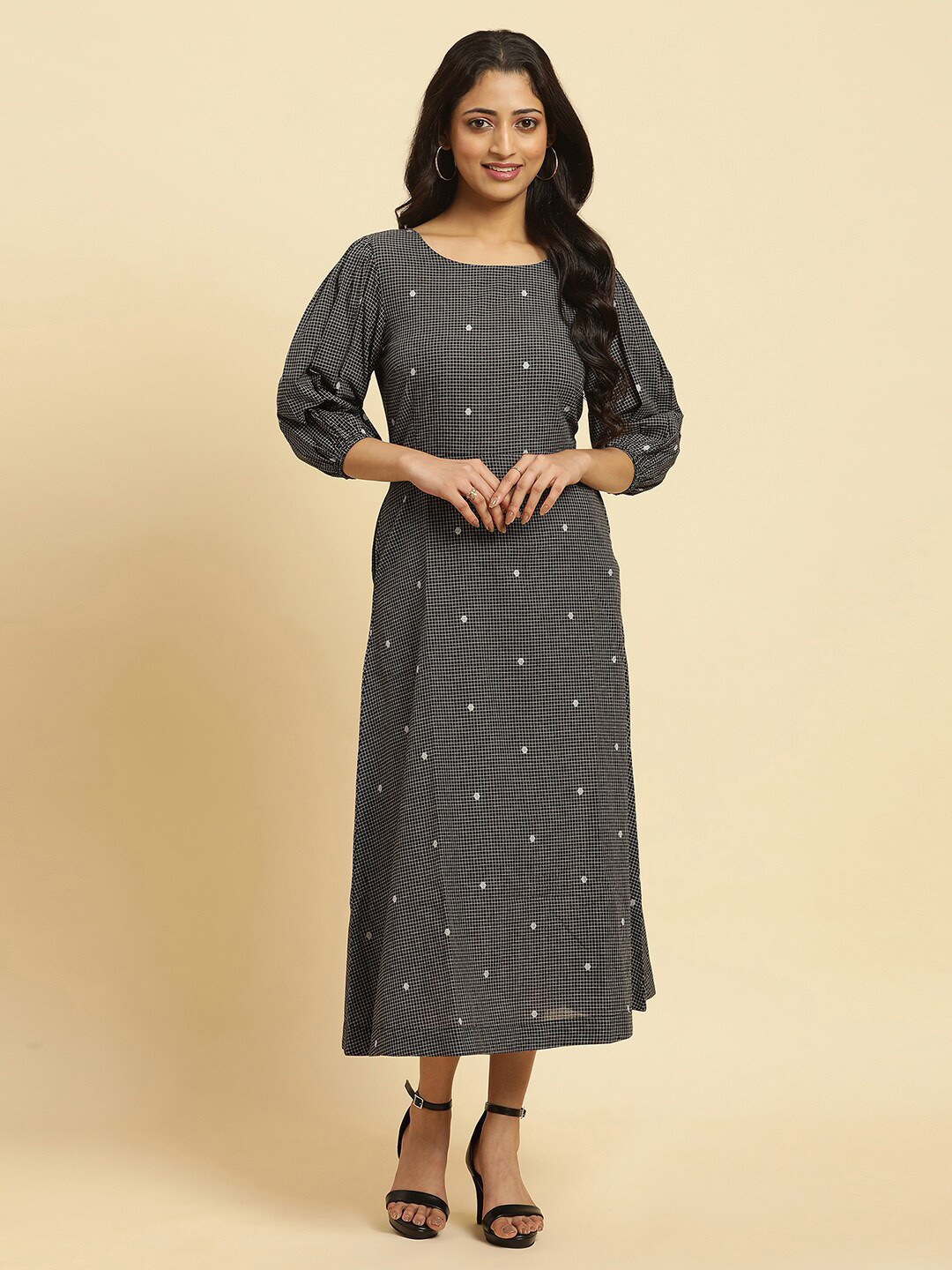 

W Checked Puff Sleeves A-Line Pure Cotton Midi Dress, Black