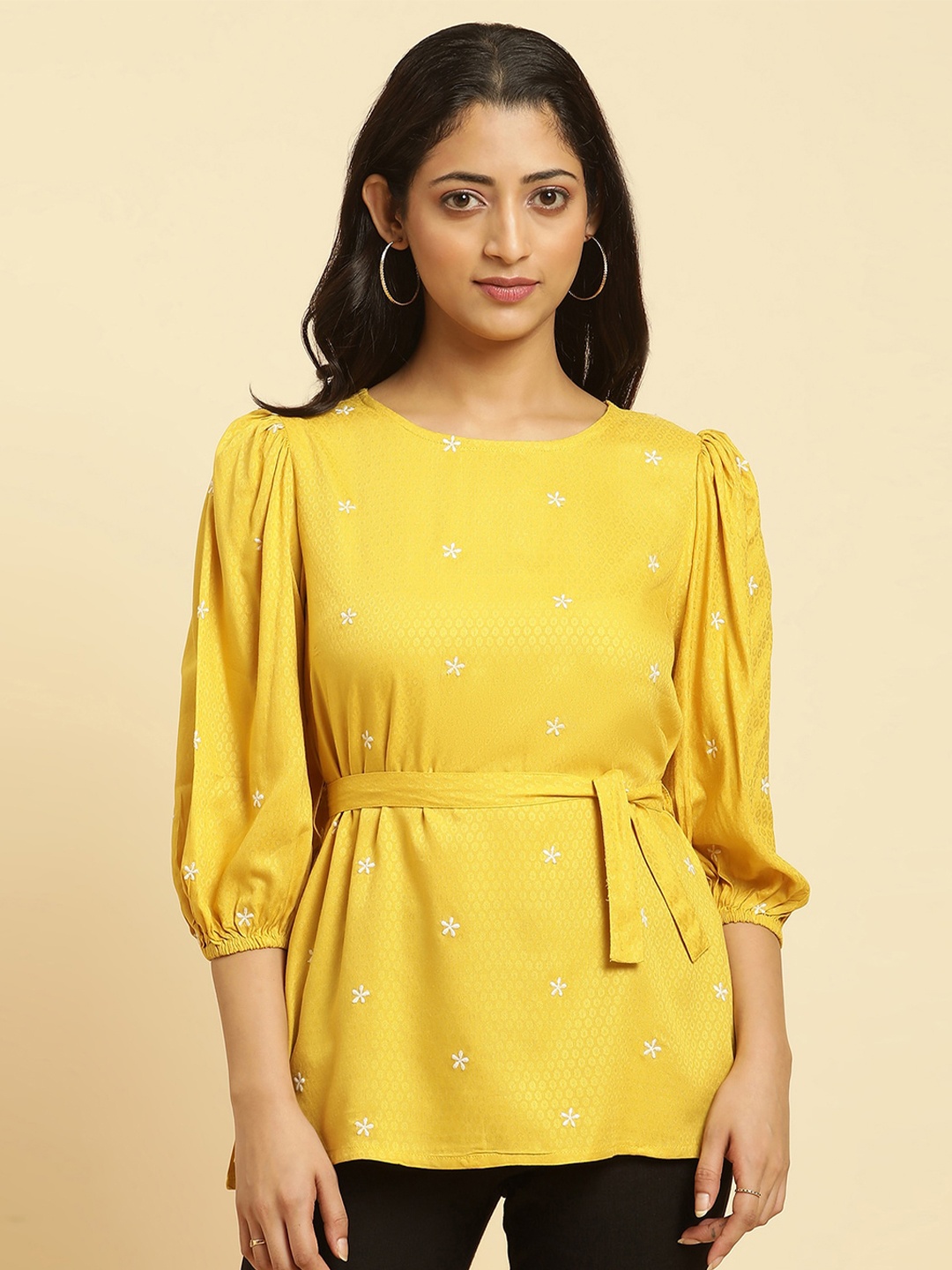 

W Floral Embroidered Cinched Waist Top, Yellow