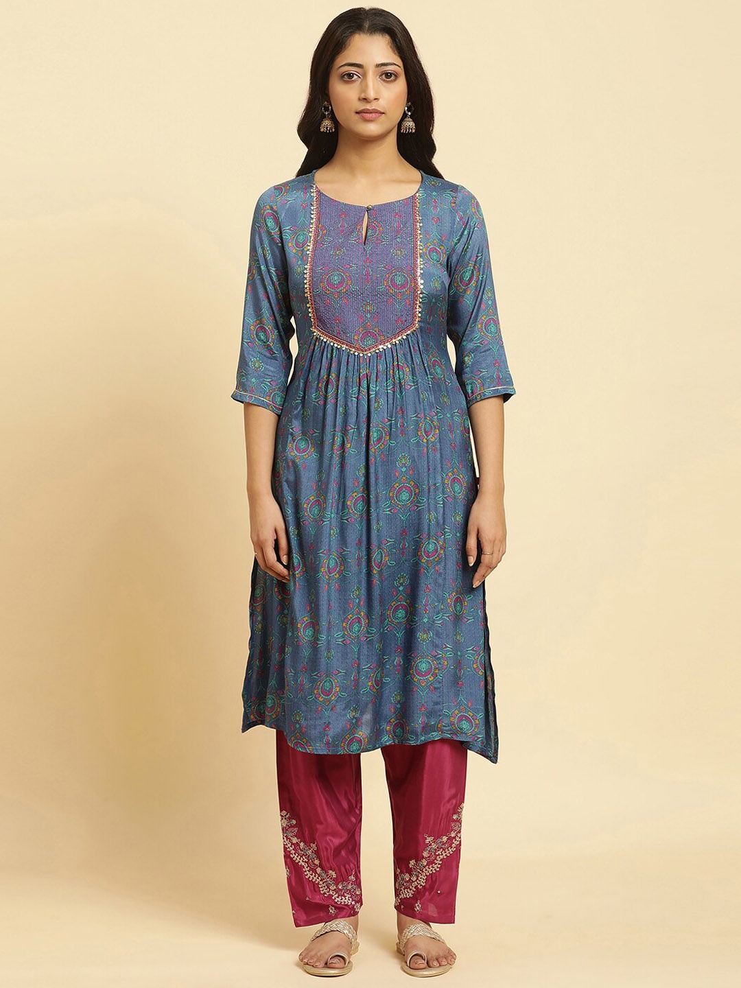 

W Floral Woven Design Sequinned Pleated Kurta, Navy blue