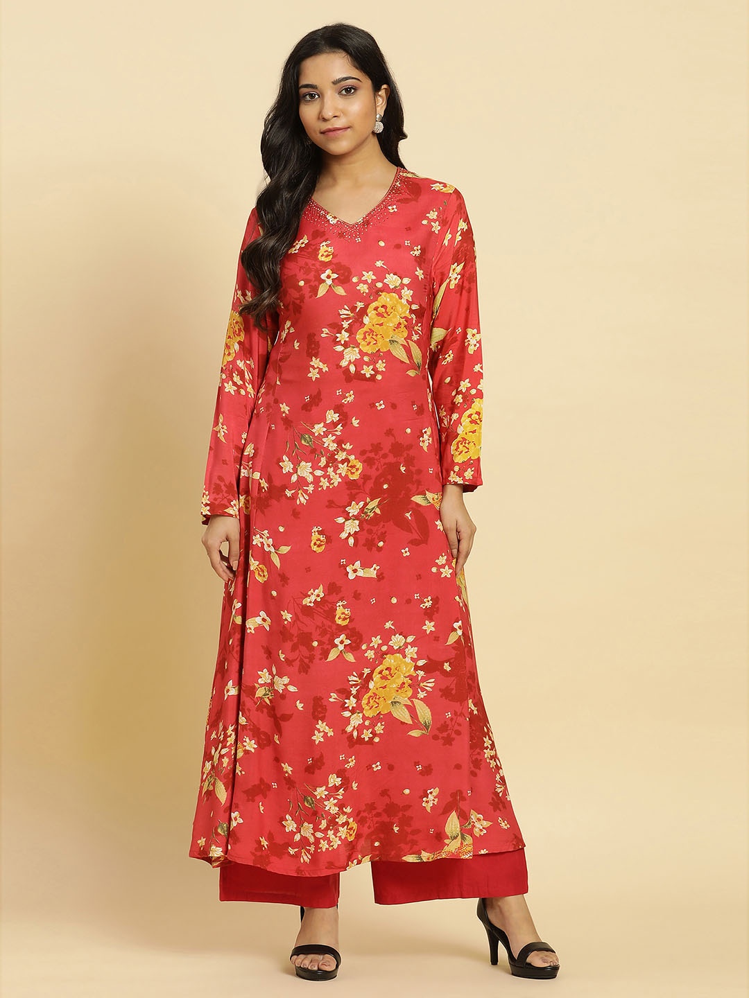 

W Floral Printed Sequinned A-Line Kurta, Red