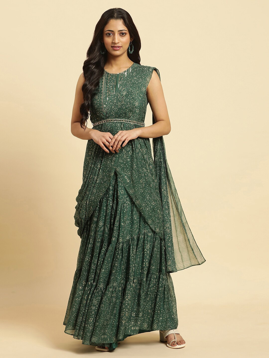 

W Ethnic Motifs Printed Sequined Chiffon Tiered Maxi Ethnic Dress With Attached Dupatta, Green