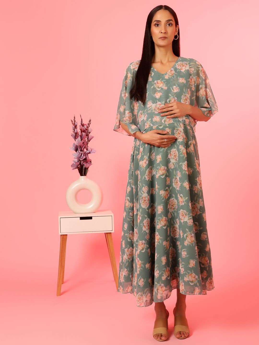 

House Of Zelena Floral Print Georgette Maternity Maxi Dress, Green