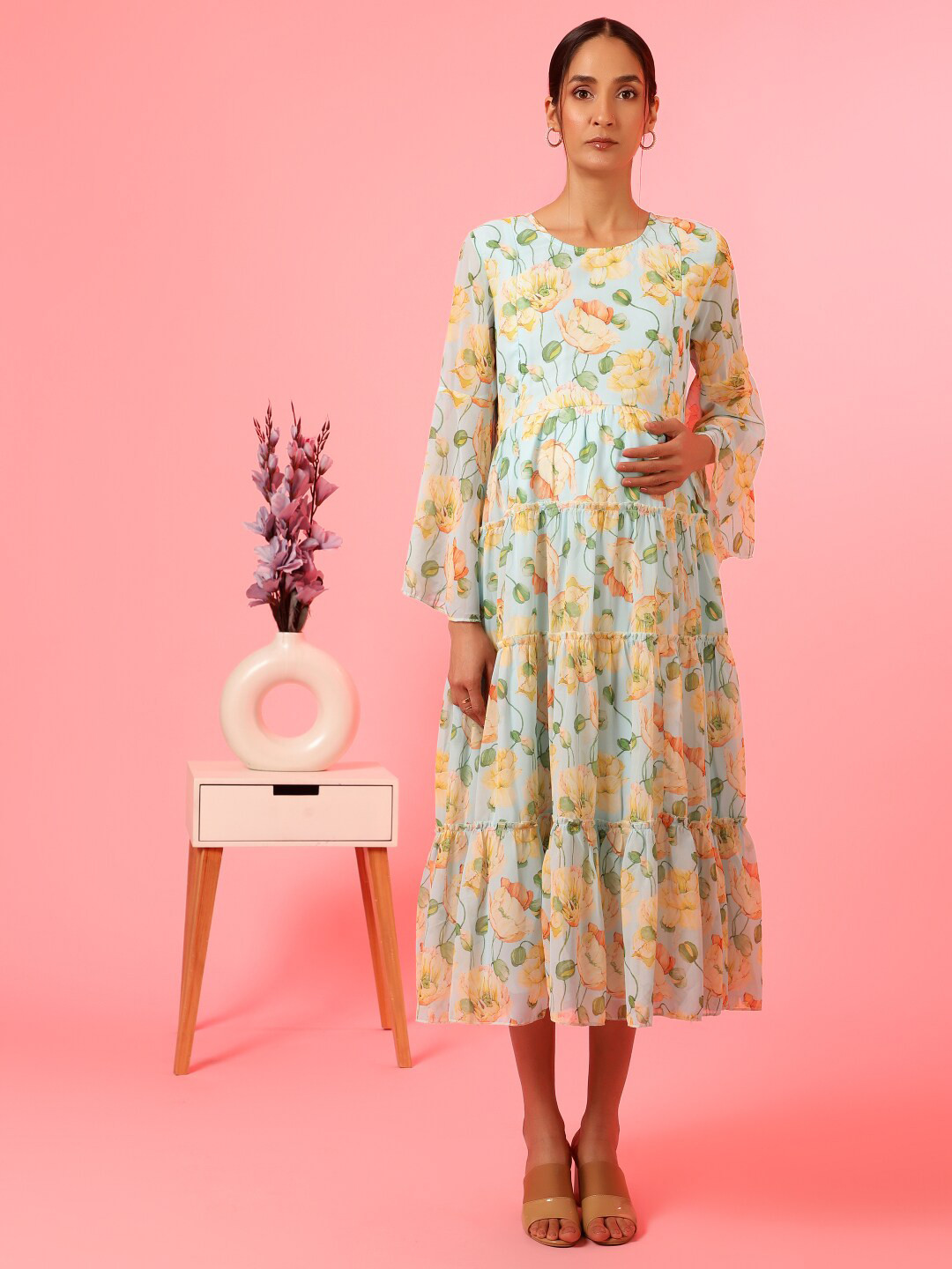 

House Of Zelena Floral Print Bell Sleeve Georgette Maternity Fit & Flare Midi Dress, Blue