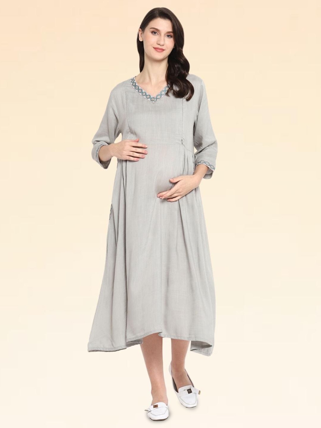 

House Of Zelena V-Neck Maternity A-Line Midi Dress, Grey