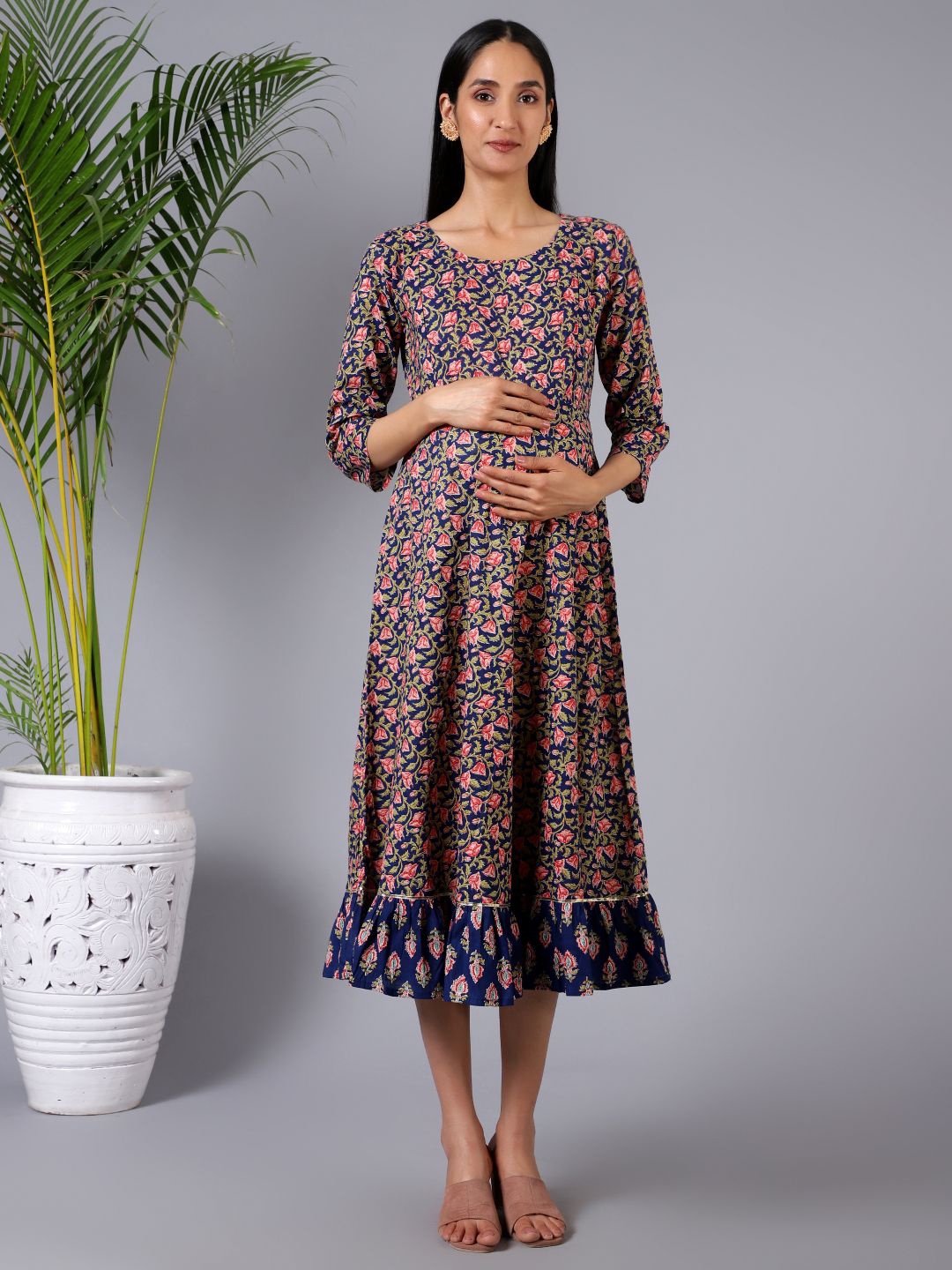 

House Of Zelena Floral Print Maternity Fit & Flare Midi Dress, Blue